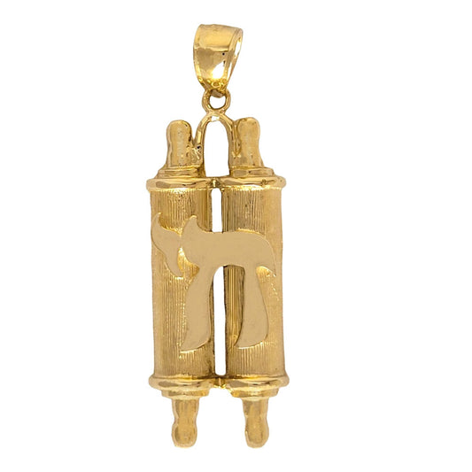 14K Yellow Gold Jewish Mezuzah Torah Scroll with Chai Pendant
