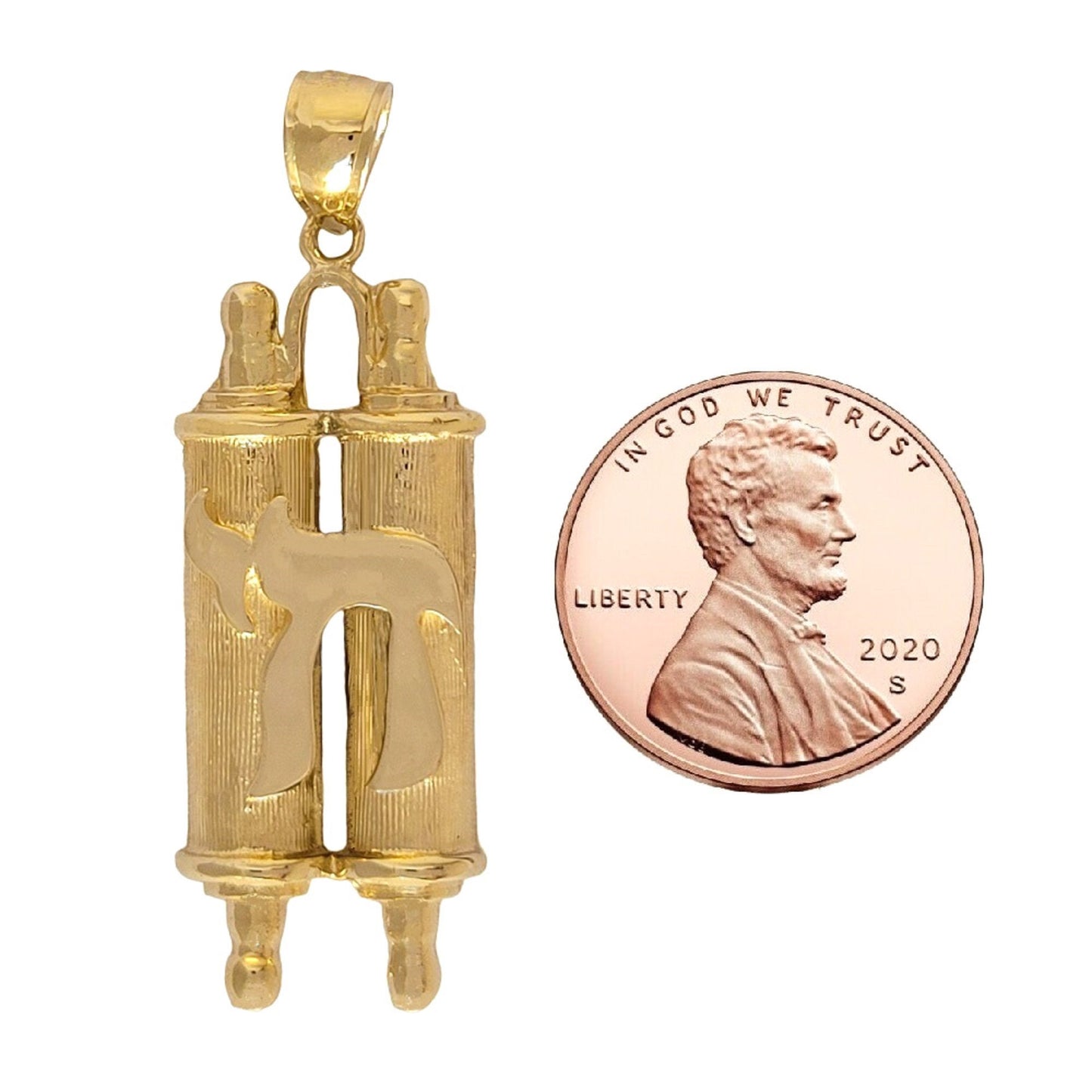 14K Yellow Gold Jewish Mezuzah Torah Scroll with Chai Pendant