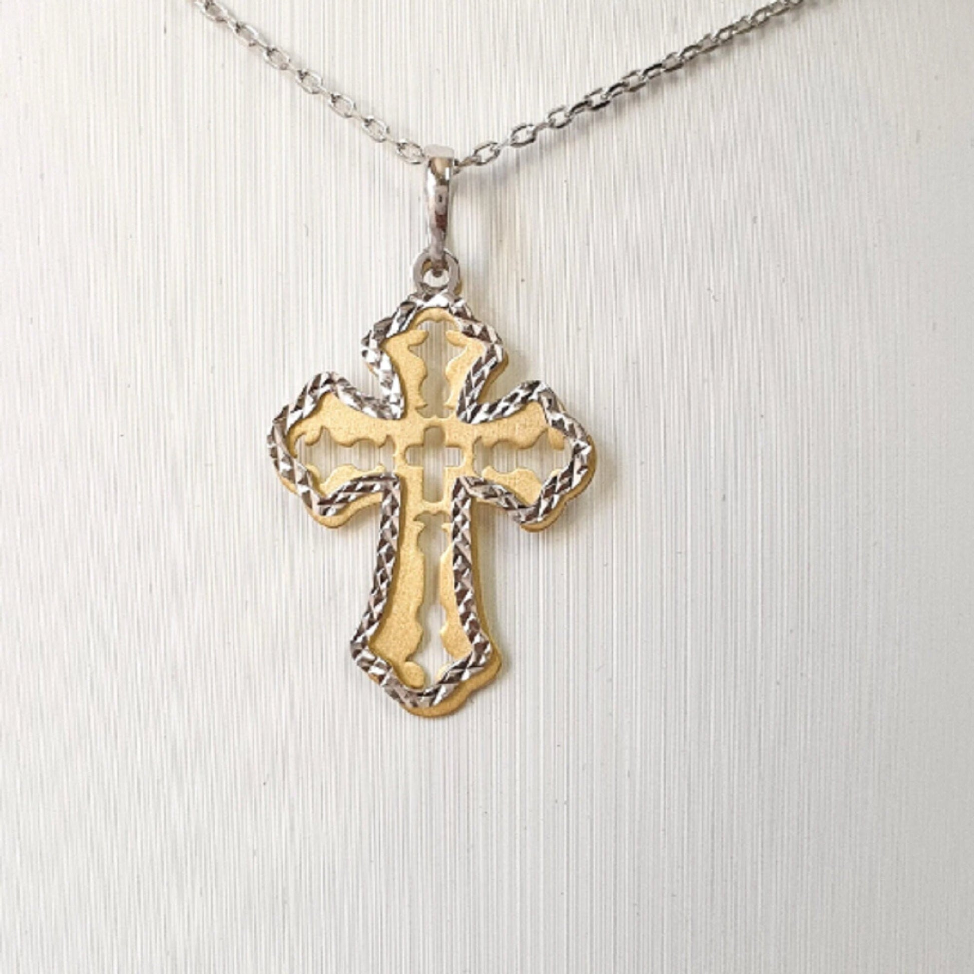 925 Sterling Silver Necklace w/ 2-Tone 2-Pieces Cross Pendant