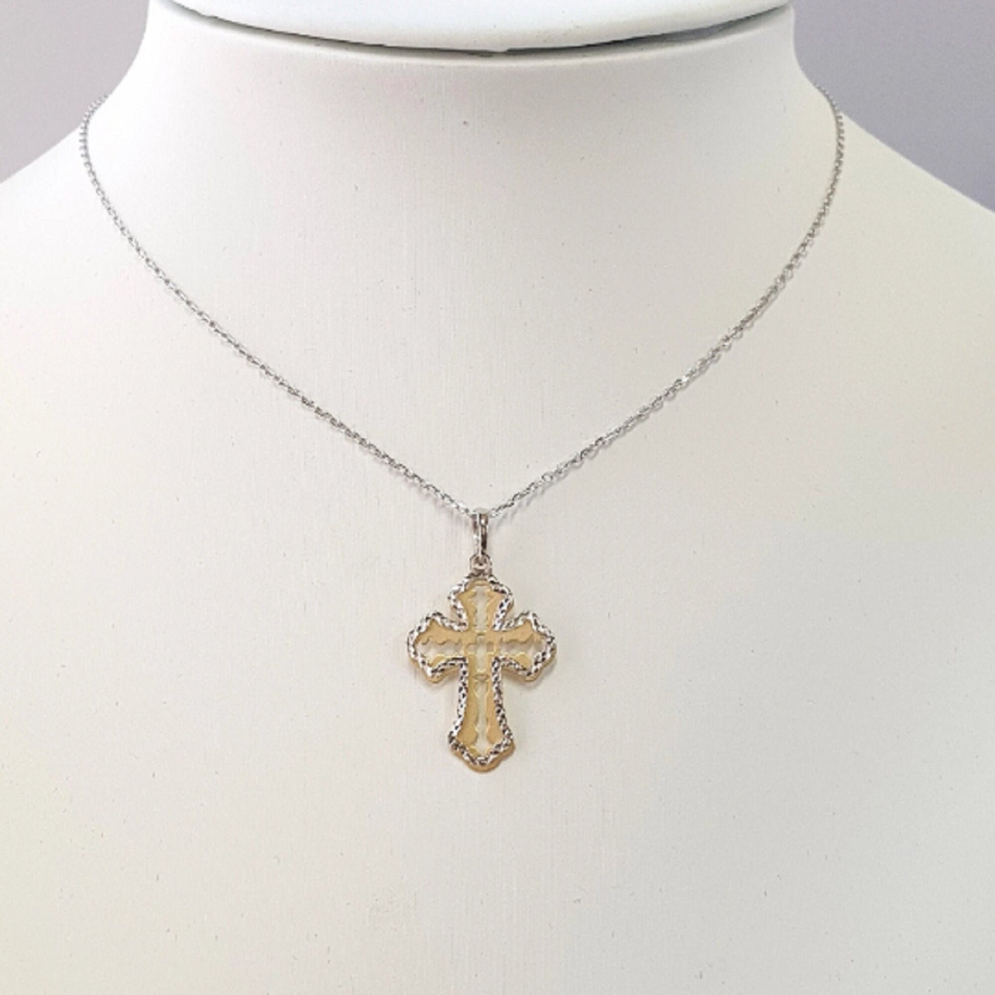 925 Sterling Silver Necklace w/ 2-Tone 2-Pieces Cross Pendant