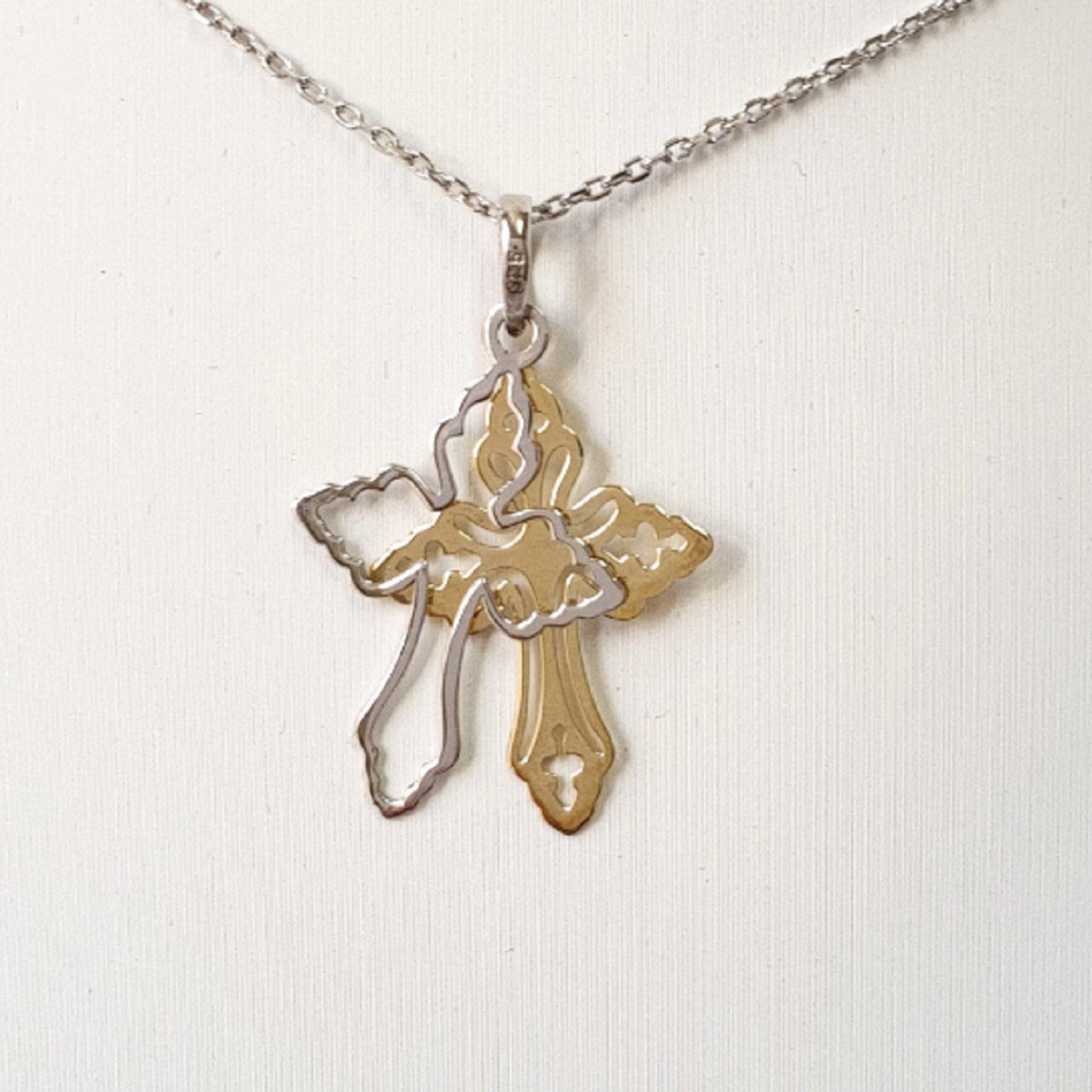 925 Sterling Silver Necklace w/ 2-Tone 2-Pieces Cross Pendant