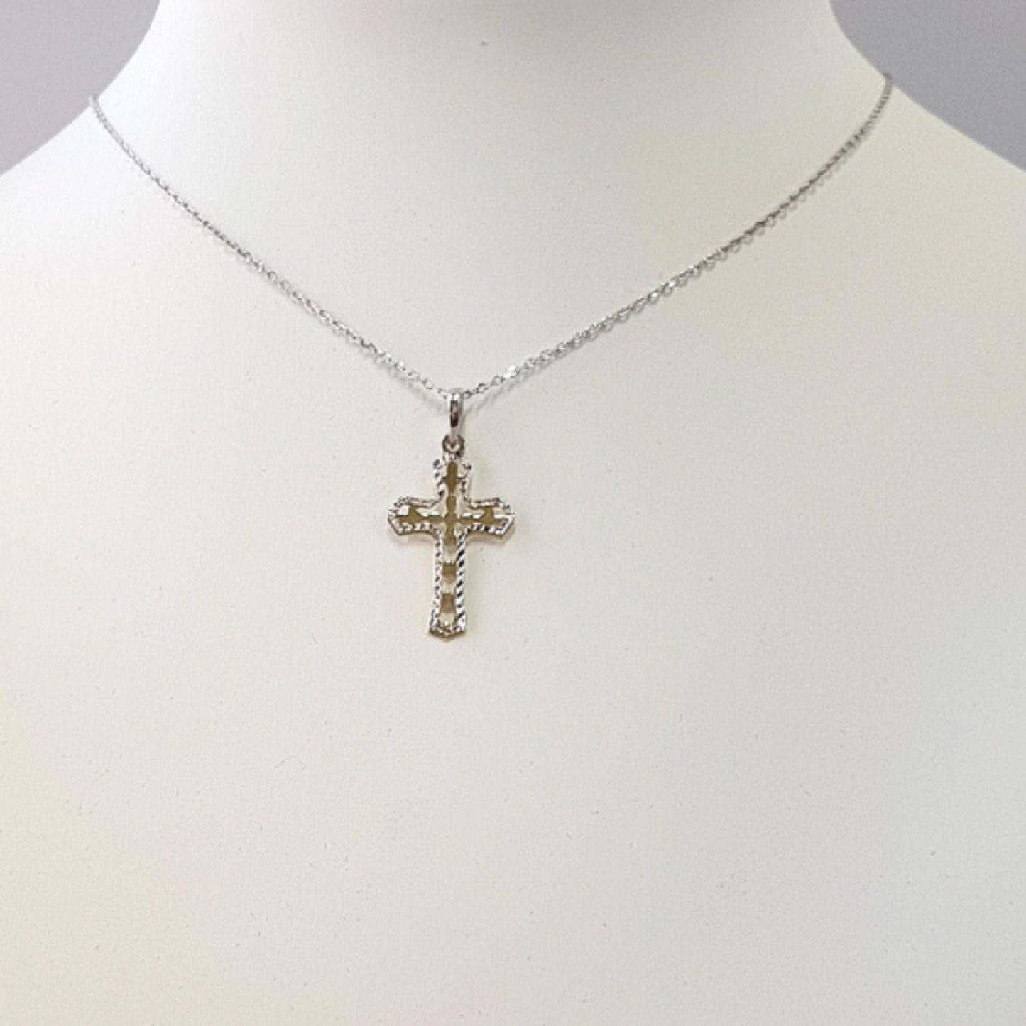 925 Sterling Silver Necklace w/ 2-Tone 2-Pieces Cross Pendant