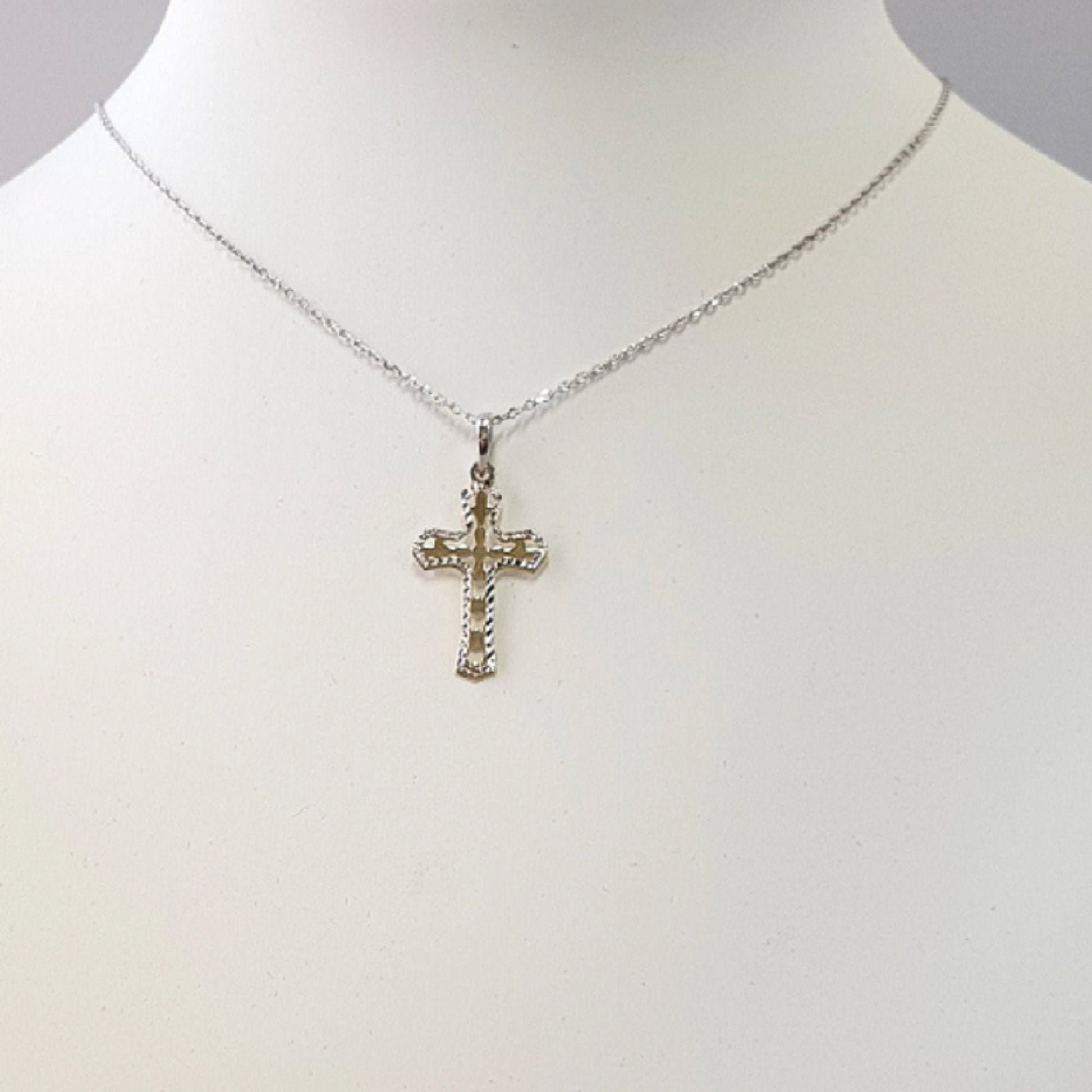 925 Sterling Silver Necklace w/ 2-Tone 2-Pieces Cross Pendant