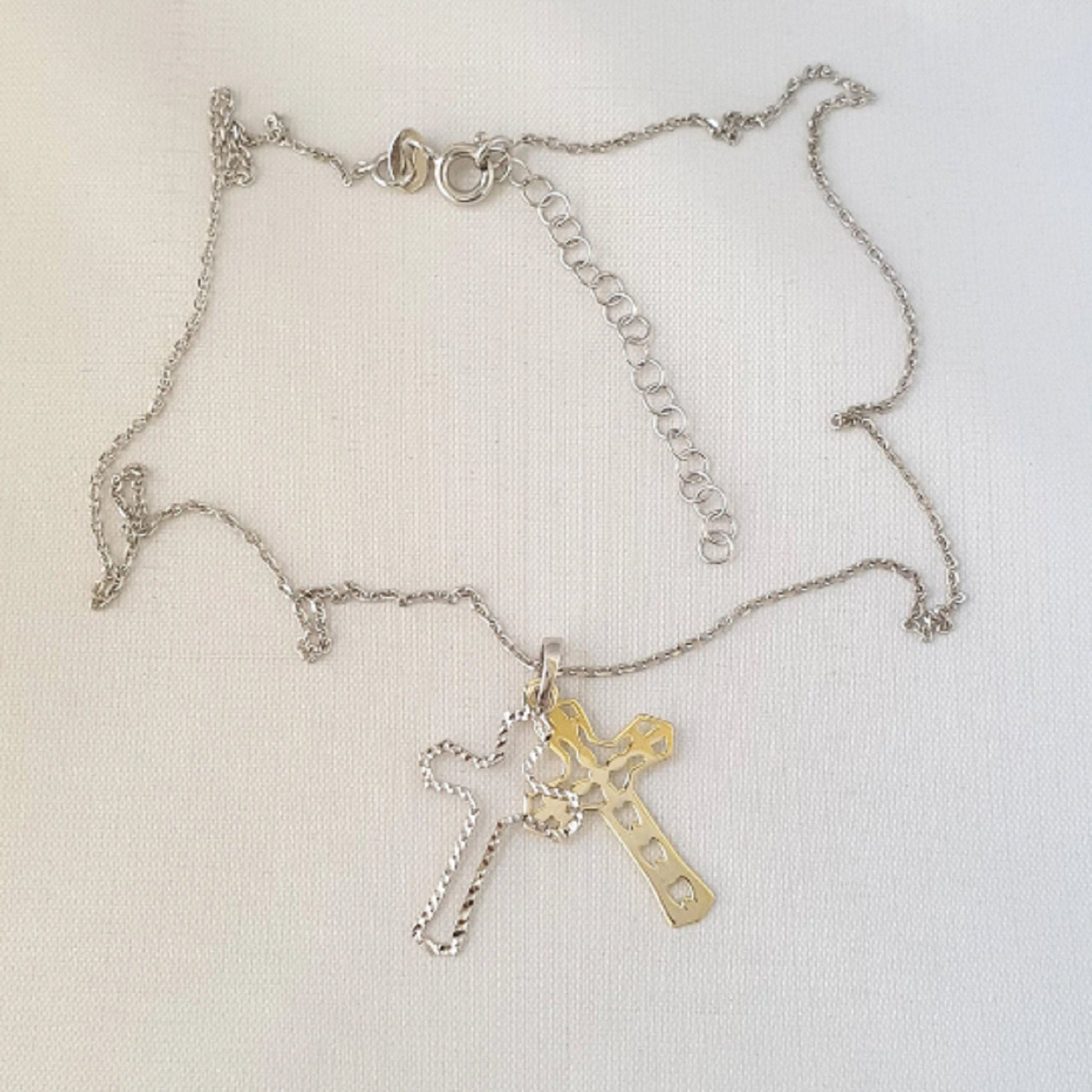 925 Sterling Silver Necklace w/ 2-Tone 2-Pieces Cross Pendant