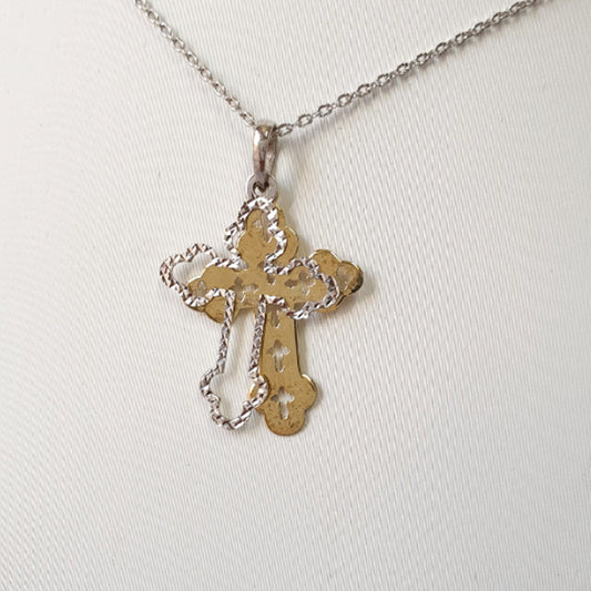 925 Sterling Silver Necklace w/ 2-Tone 2-Pieces Cross Pendant
