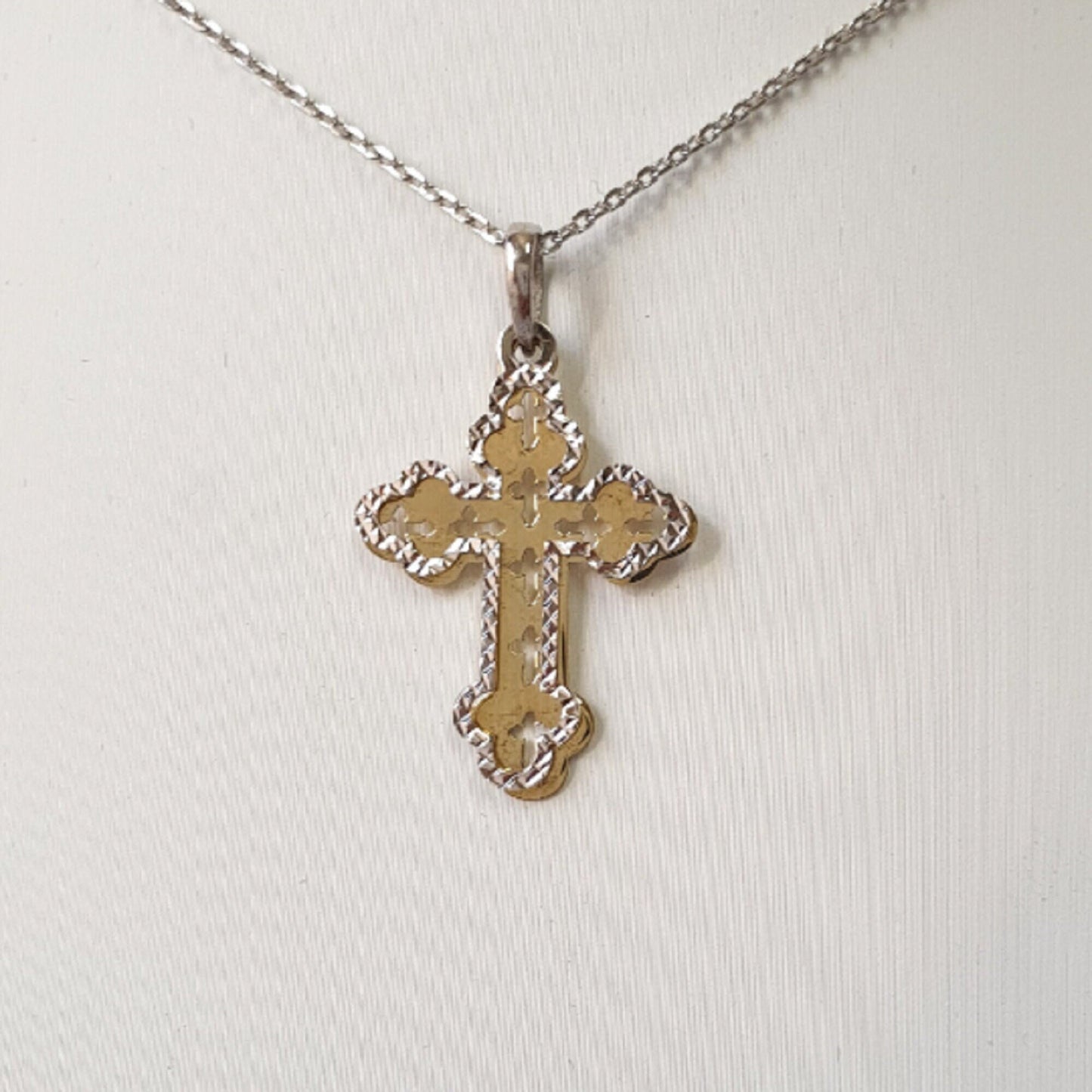 925 Sterling Silver Necklace w/ 2-Tone 2-Pieces Cross Pendant