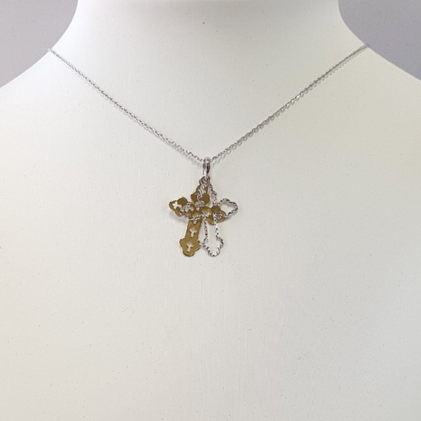 925 Sterling Silver Necklace w/ 2-Tone 2-Pieces Cross Pendant