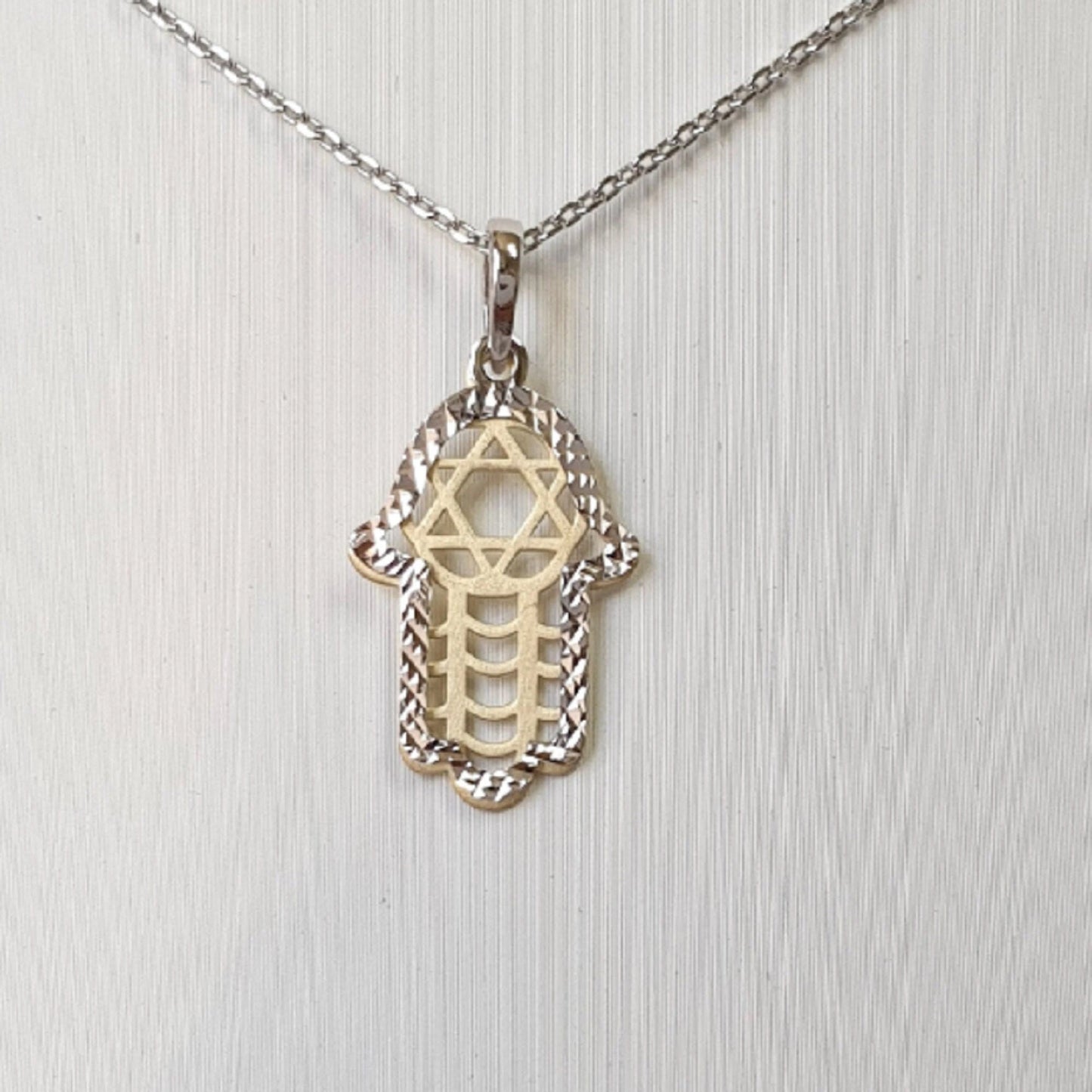 925 Sterling Silver Necklace w/ 2-Tone 2-Pieces Hamsa Hand Pendant