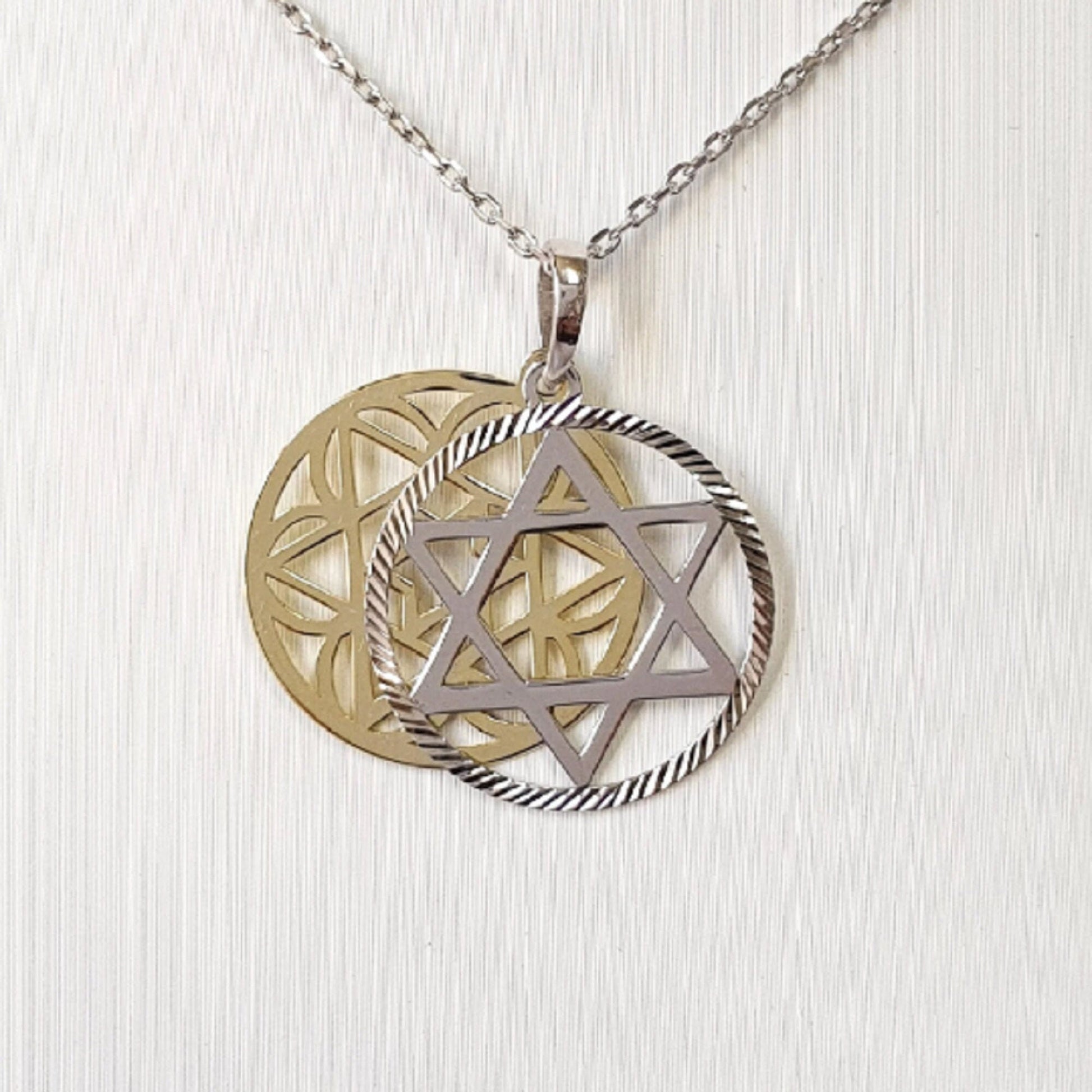 925 Sterling Silver Necklace w/ 2-Tone 2-Pieces Star of David Pendant