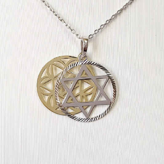 925 Sterling Silver Necklace w/ 2-Tone 2-Pieces Star of David Pendant
