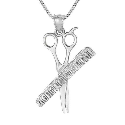 925 Sterling Silver Necklace w/ BARBER COMB & SCISSORS 3D (3 Dimensional) Pendant