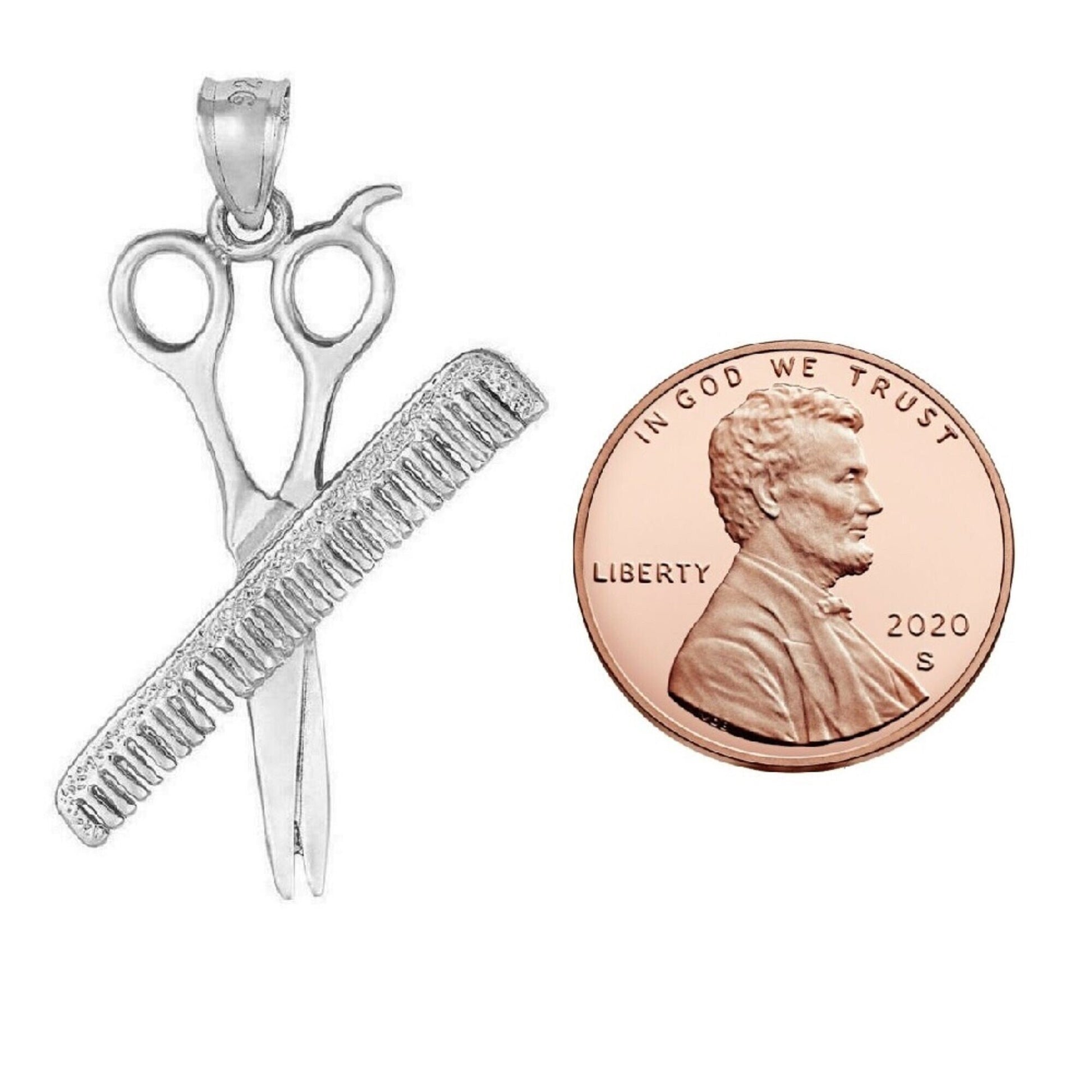 925 Sterling Silver Necklace w/ BARBER COMB & SCISSORS 3D (3 Dimensional) Pendant
