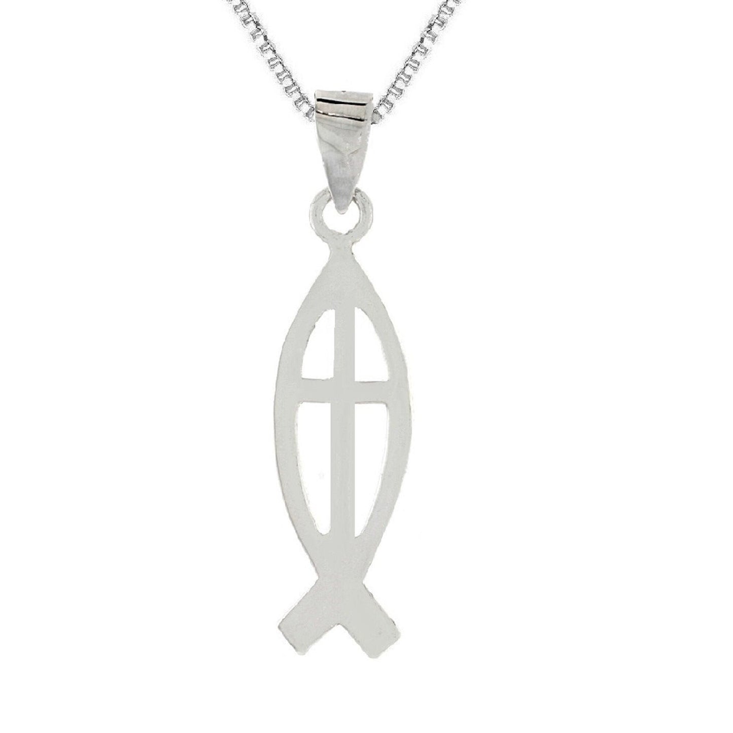 925 Sterling Silver Necklace w/ Christian Fish with Cross Pendant