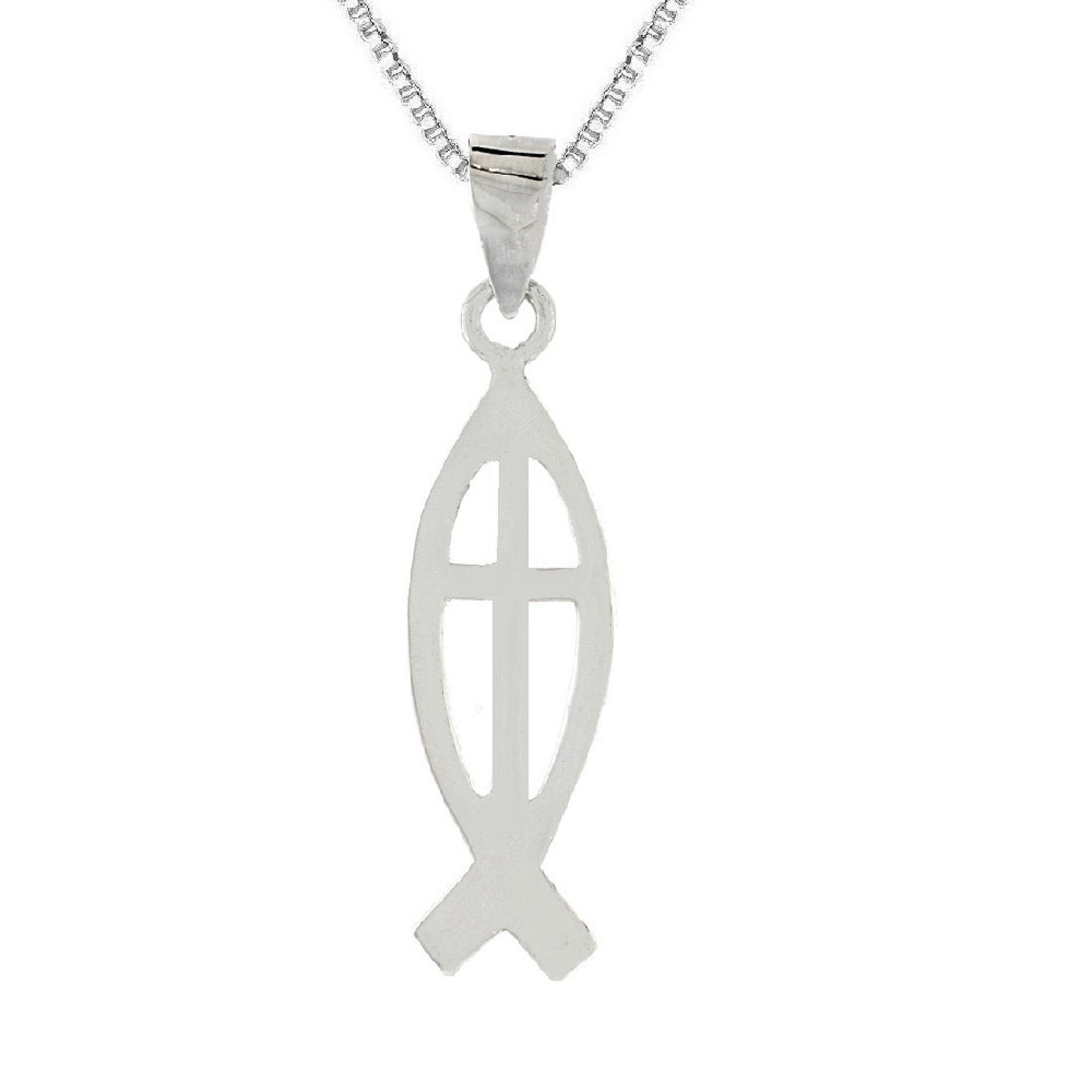 925 Sterling Silver Necklace w/ Christian Fish with Cross Pendant