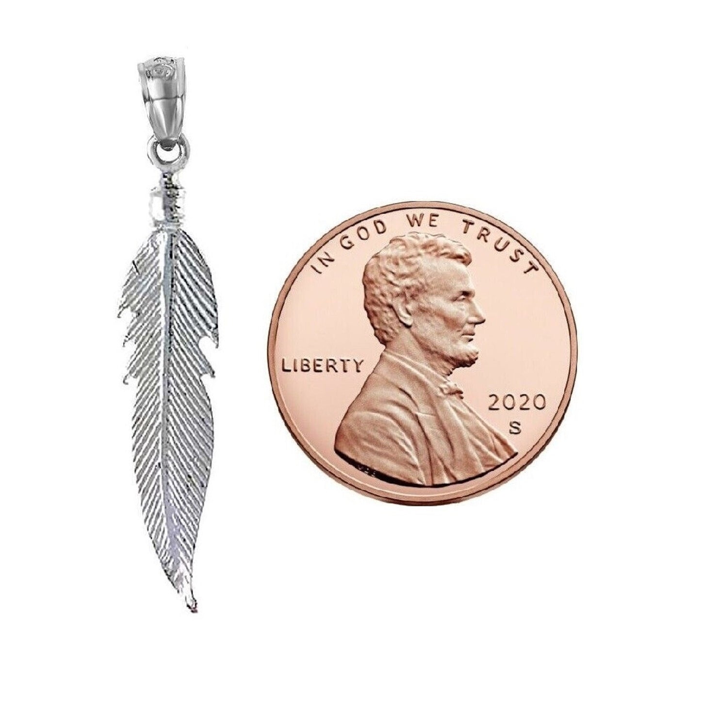 925 Sterling Silver Necklace w/ Feather Double Sided Pendant Charm