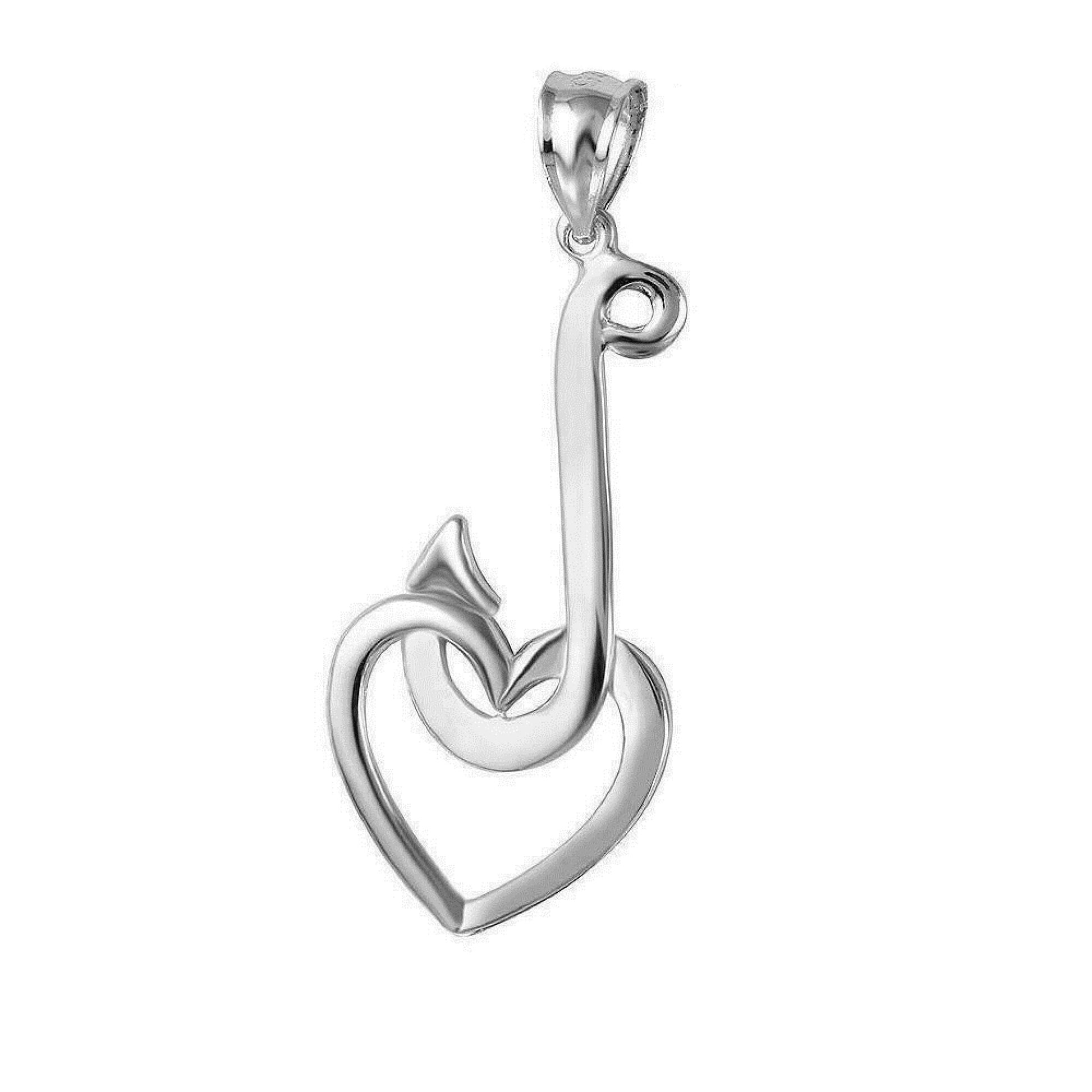 925 Sterling Silver Necklace w/ Fishing Hook with Heart Pendant Charm