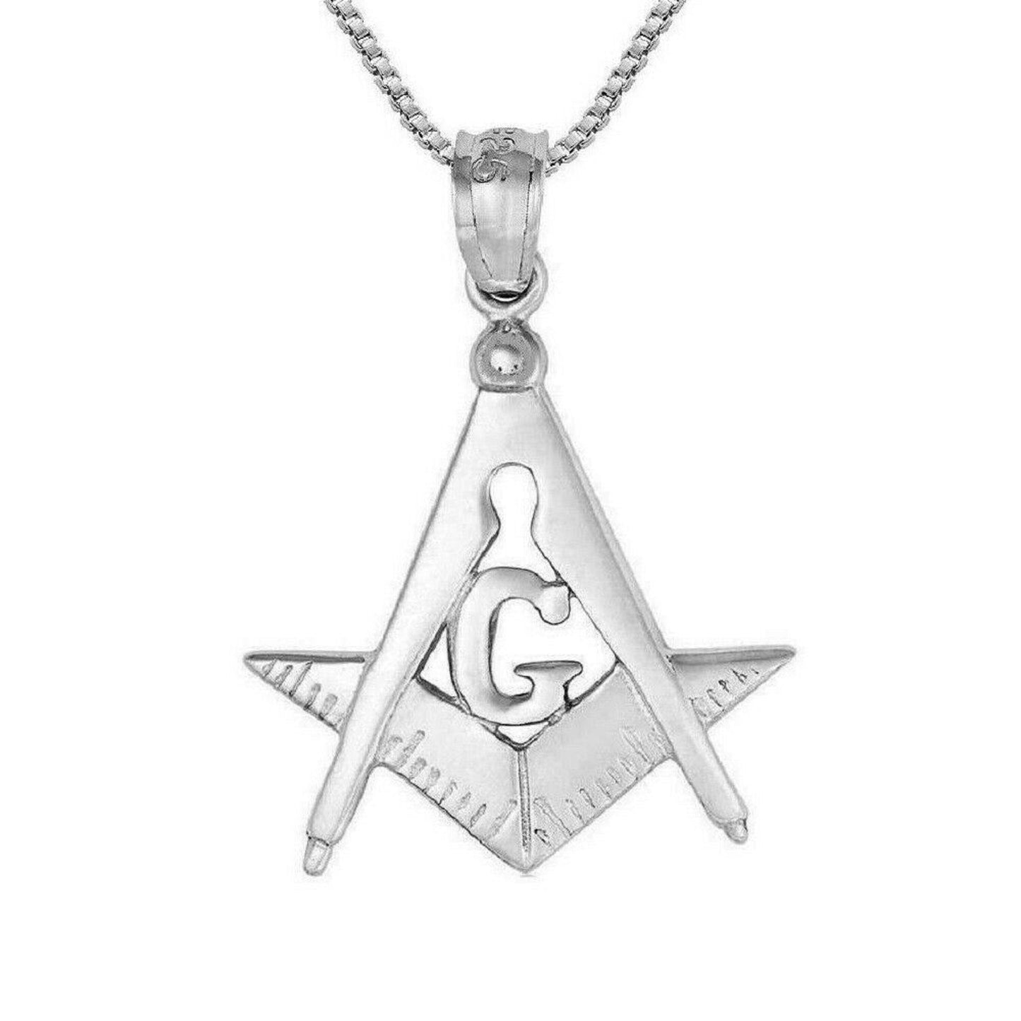925 Sterling Silver Necklace w/ Square & Compass Masonic Symbol Pendant Charm