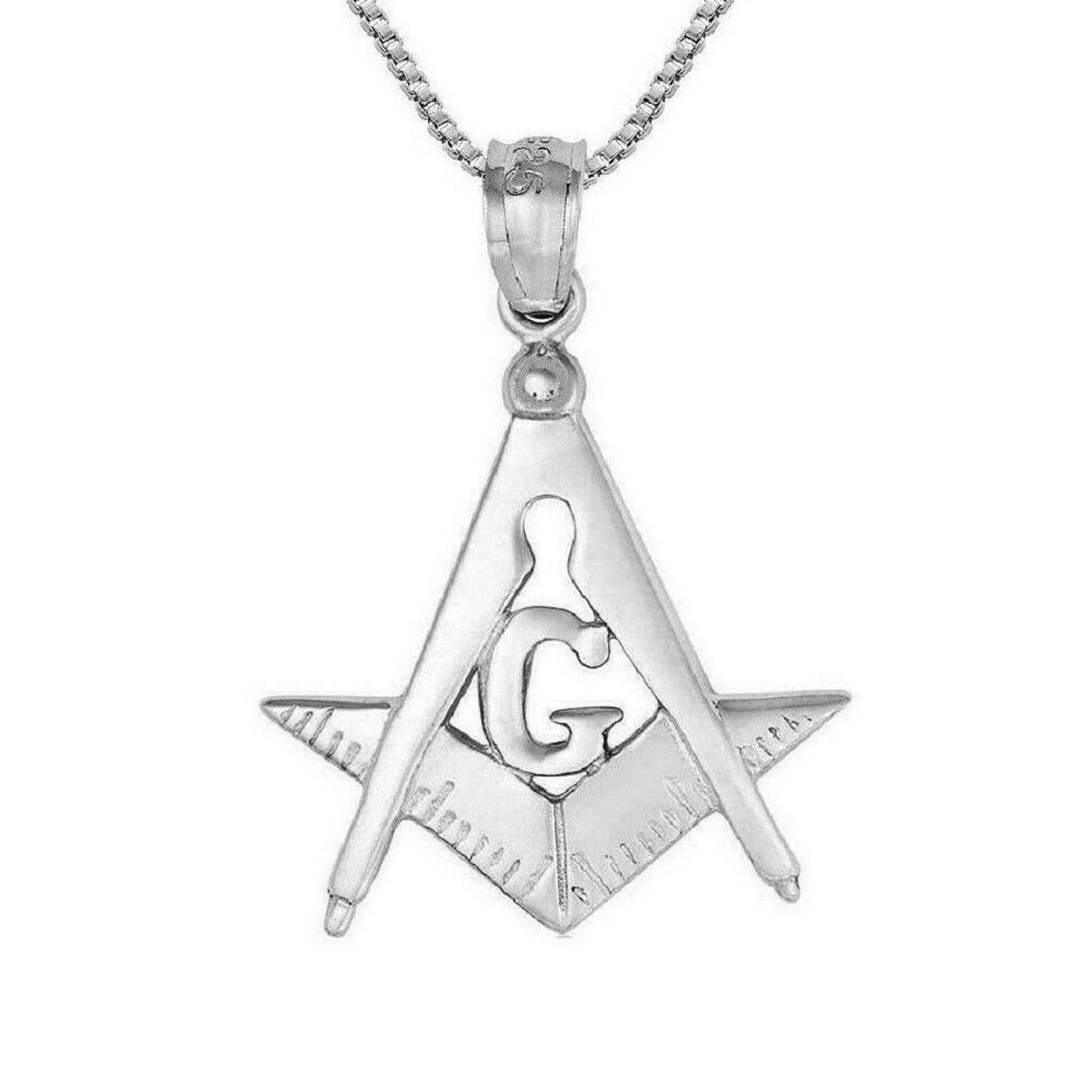 925 Sterling Silver Necklace w/ Square & Compass Masonic Symbol Pendant Charm