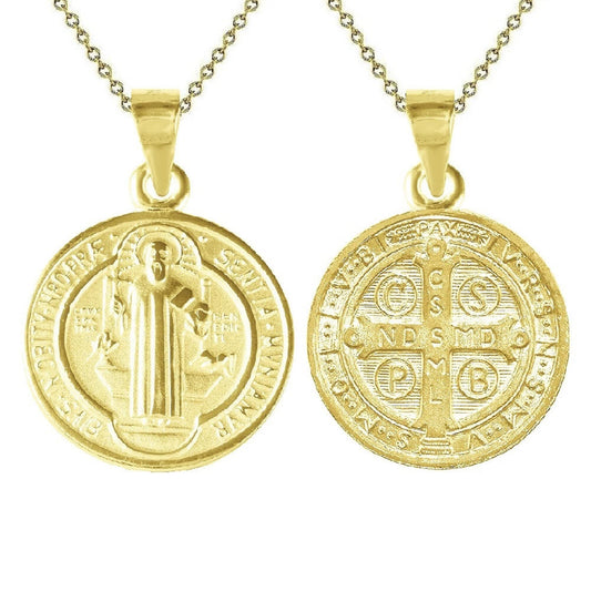 925 Sterling Silver Yellow Gold Plated 1mm Cable Chain Necklace w/ 2-sided Saint Benedict Pendant Charm