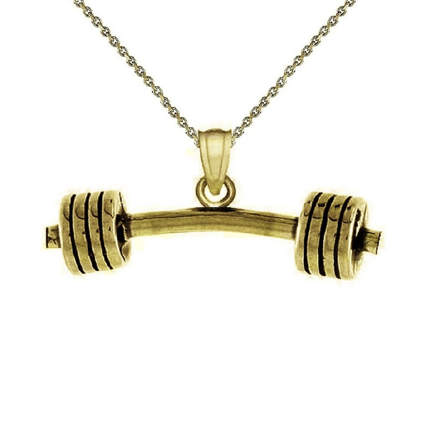 925 Sterling Silver Yellow Gold Plated 1mm Cable Chain Necklace w/ Barbell Dumbbell 3D Solid Pendant Charm