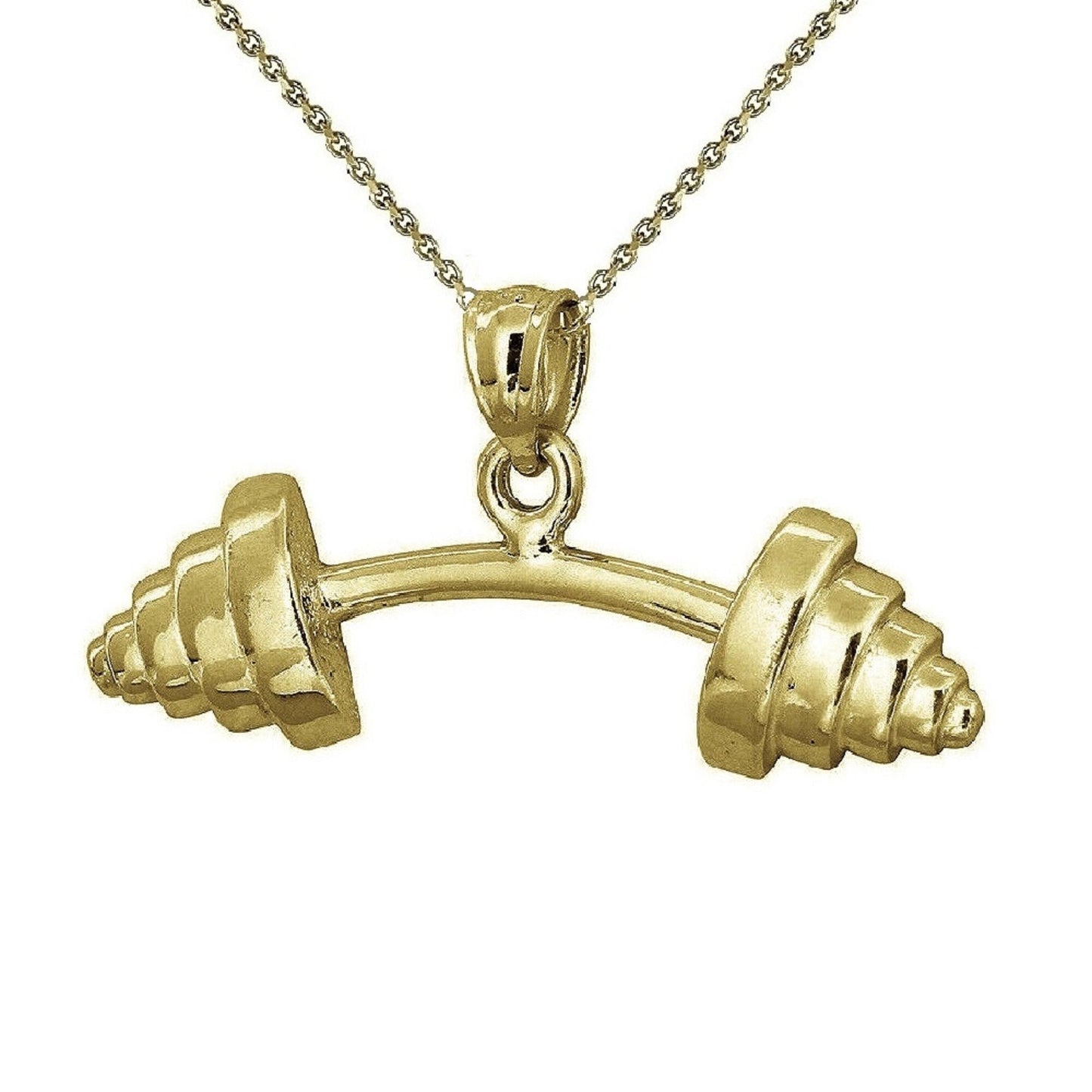 925 Sterling Silver Yellow Gold Plated 1mm Cable Chain Necklace w/ Barbell Dumbbell Pendant Charm