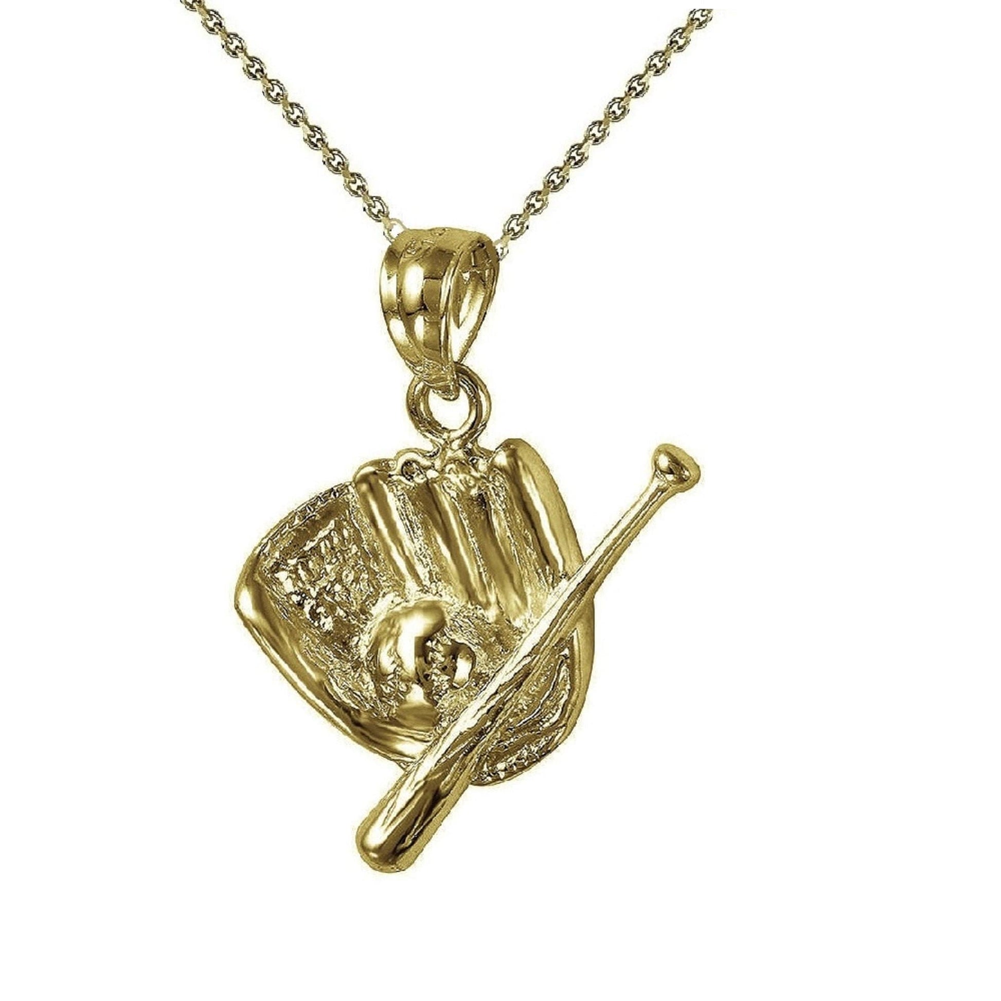 925 Sterling Silver Yellow Gold Plated 1mm Cable Chain Necklace w/ Baseball Glove Mitt, Bat & Ball Pendant Charm