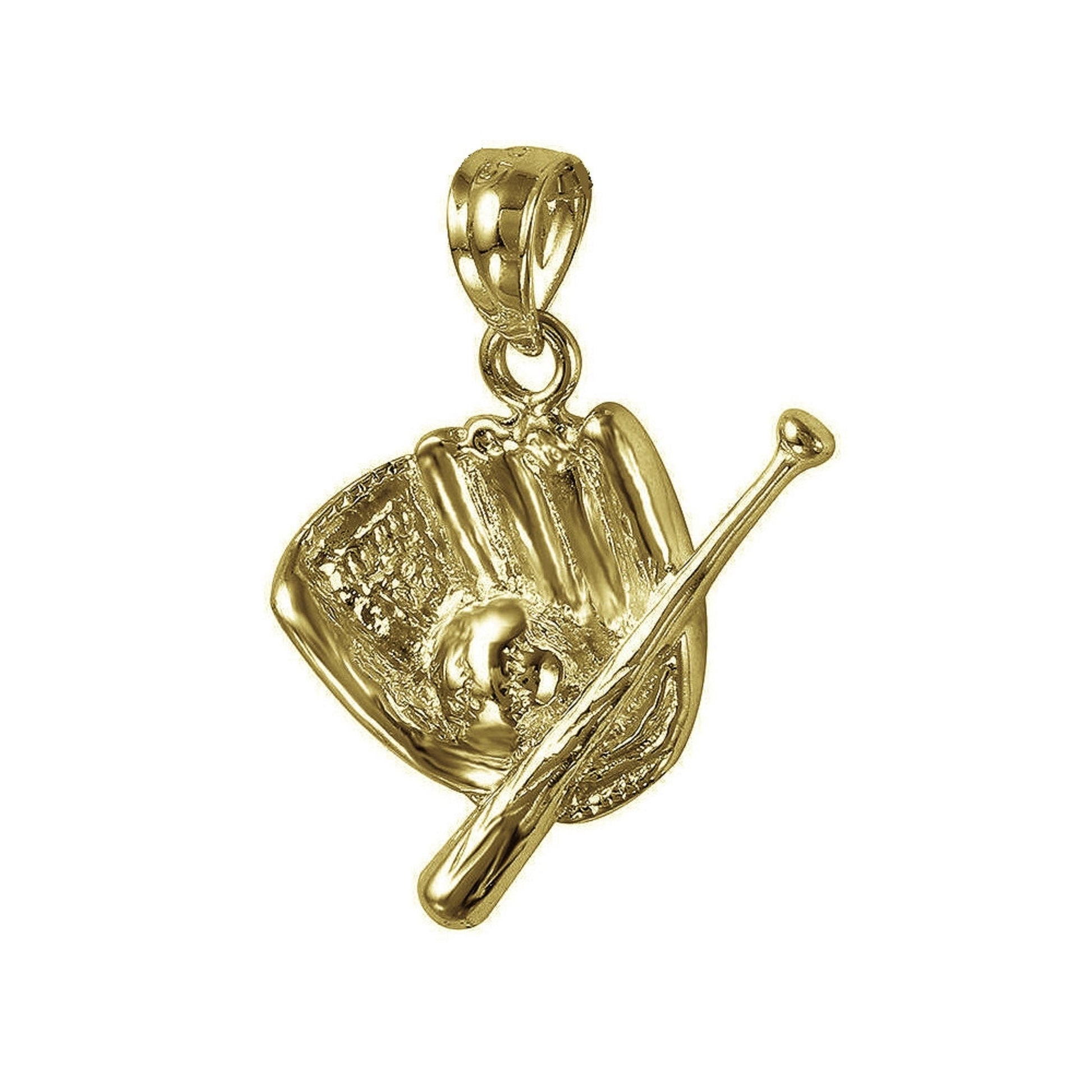925 Sterling Silver Yellow Gold Plated 1mm Cable Chain Necklace w/ Baseball Glove Mitt, Bat & Ball Pendant Charm
