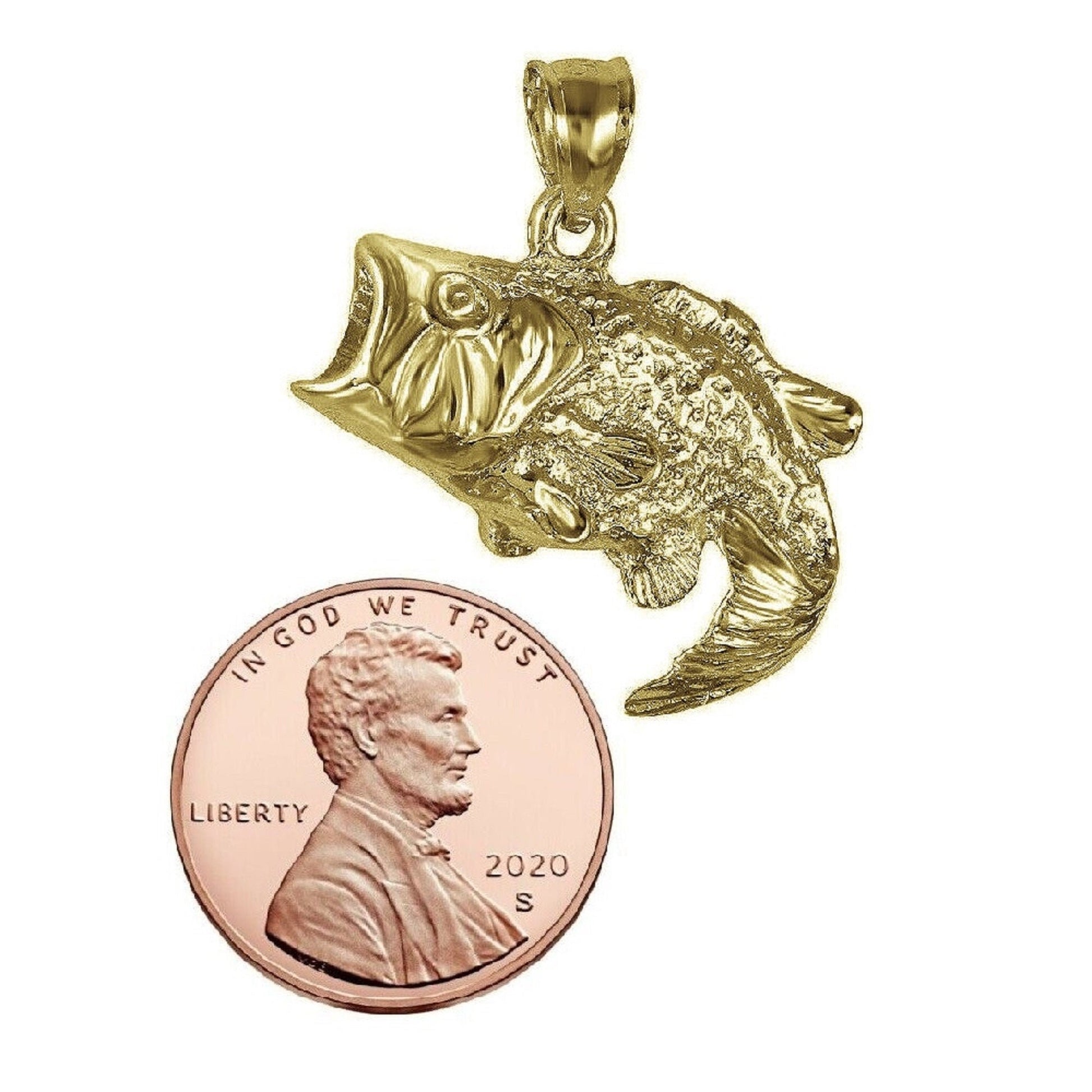 925 Sterling Silver Yellow Gold Plated 1mm Cable Chain Necklace w/ Bass Fish Pendant Charm