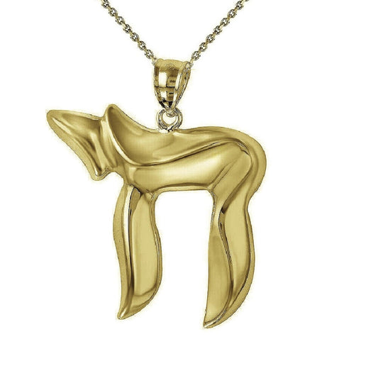 925 Sterling Silver Yellow Gold Plated 1mm Cable Chain Necklace w/ Chai Symbol Large Pendant