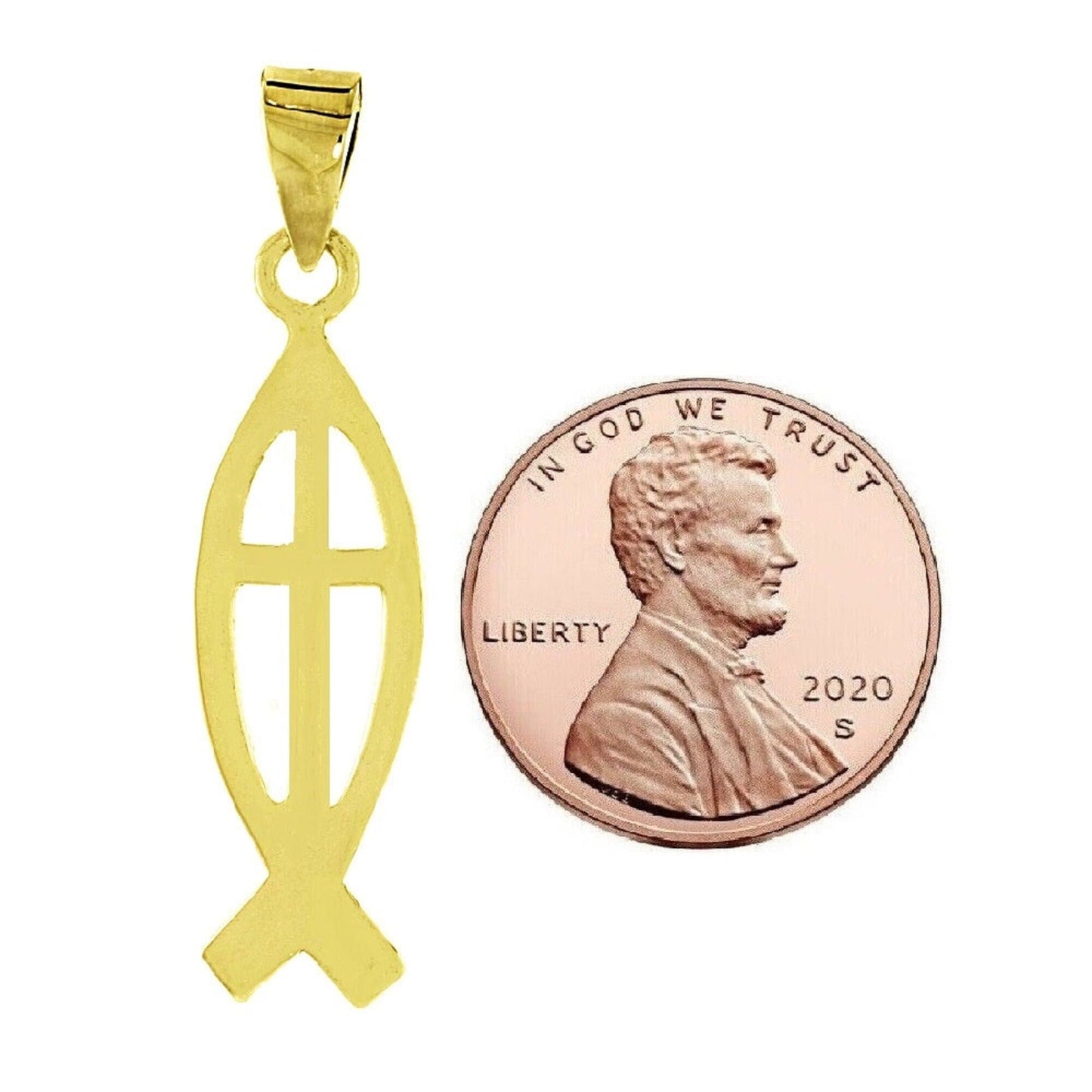 925 Sterling Silver Yellow Gold Plated 1mm Cable Chain Necklace w/ Christian Fish with Cross Pendant
