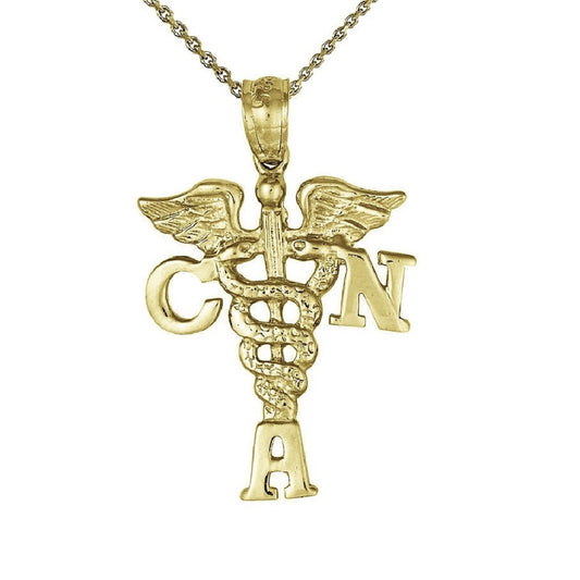925 Sterling Silver Yellow Gold Plated 1mm Cable Chain Necklace w/ CNA Certified Nursing Assistant Pendant