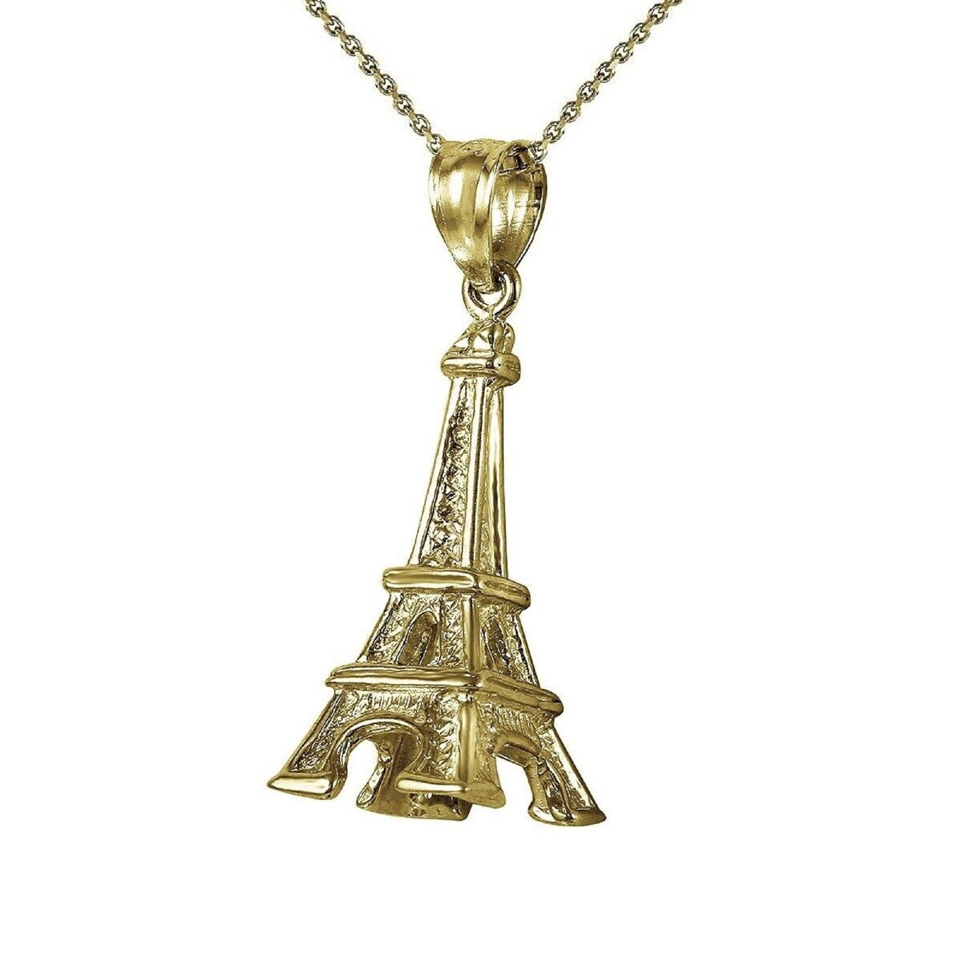 925 Sterling Silver Yellow Gold Plated 1mm Cable Chain Necklace w/ Eiffel Tower 3D Pendant Charm