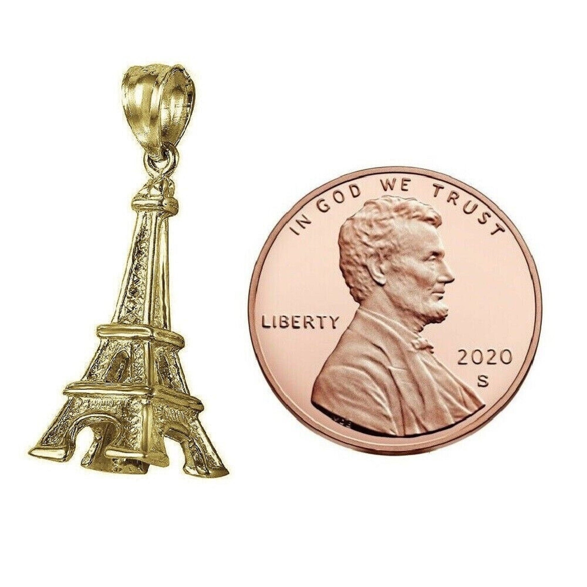 925 Sterling Silver Yellow Gold Plated 1mm Cable Chain Necklace w/ Eiffel Tower 3D Pendant Charm