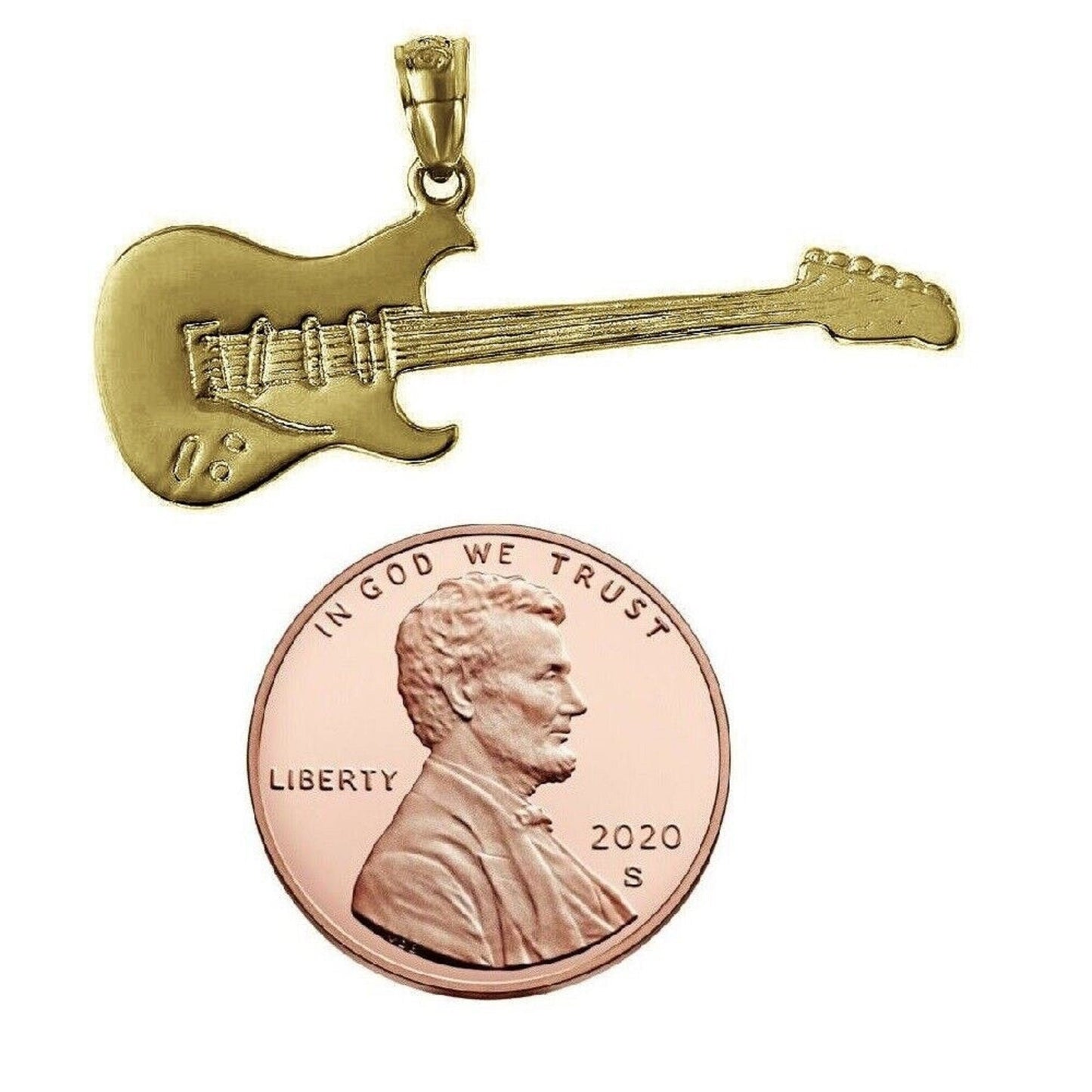 925 Sterling Silver Yellow Gold Plated 1mm Cable Chain Necklace w/ Electric Guitar Pendant Charm