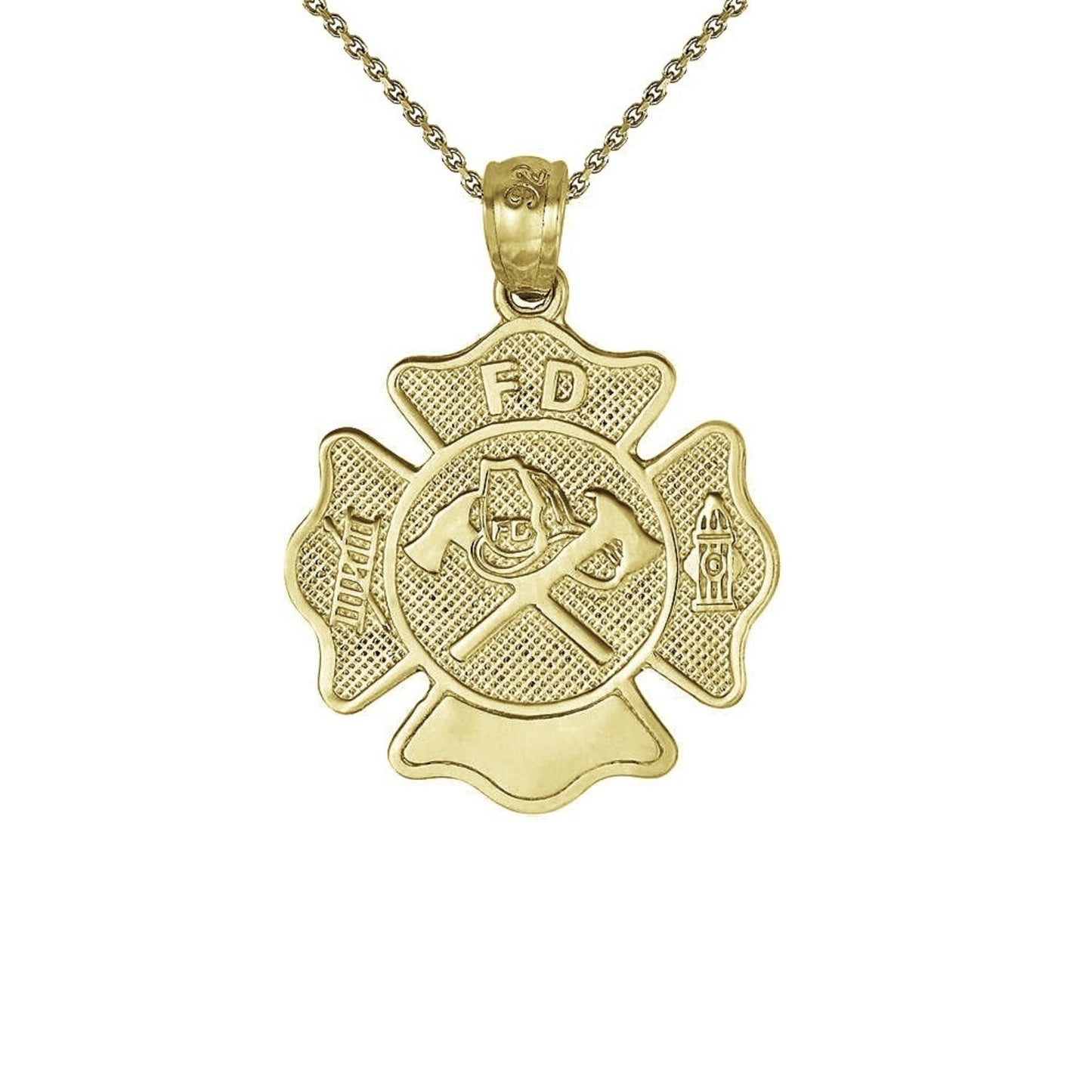925 Sterling Silver Yellow Gold Plated 1mm Cable Chain Necklace w/ Fire Department Badge Pendant