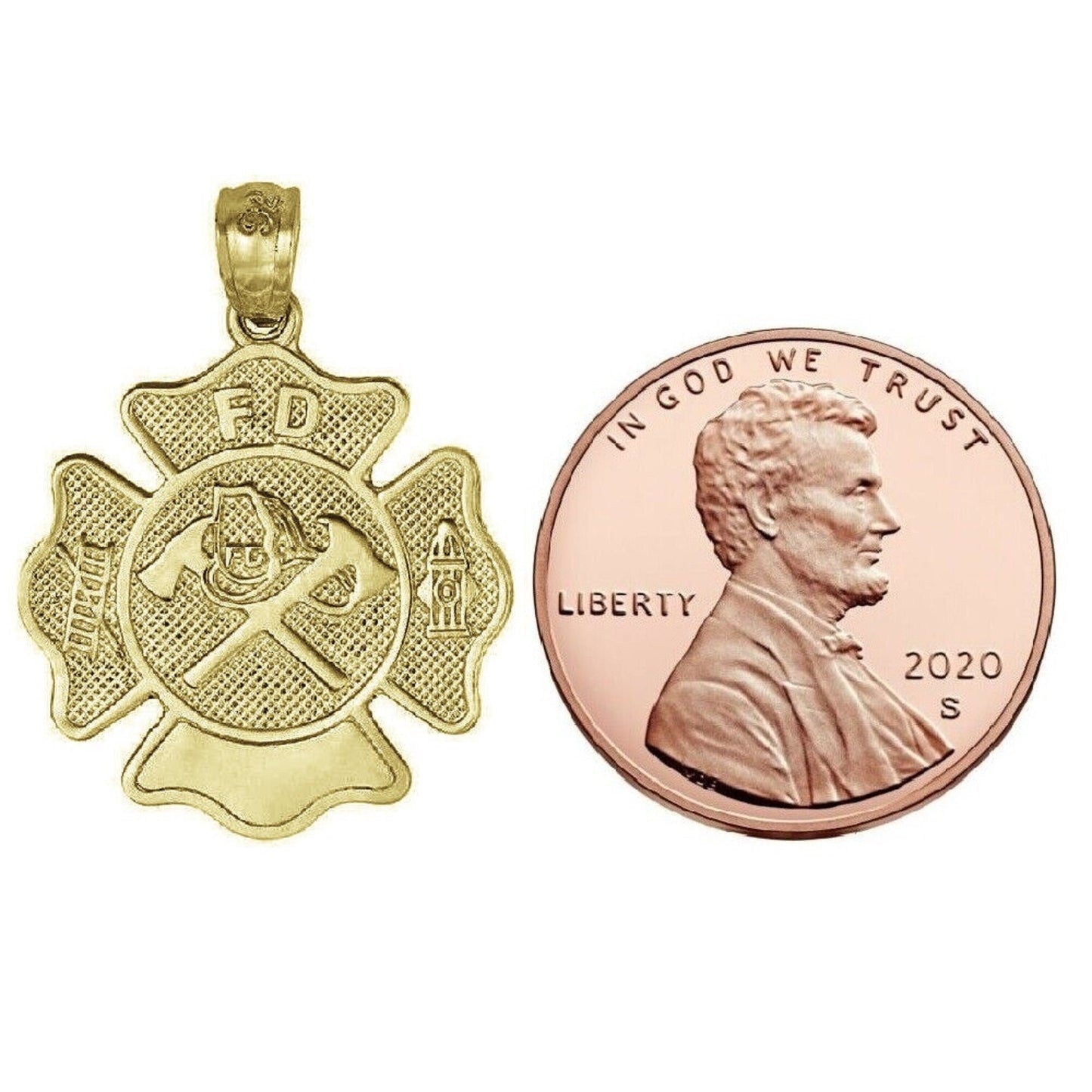 925 Sterling Silver Yellow Gold Plated 1mm Cable Chain Necklace w/ Fire Department Badge Pendant