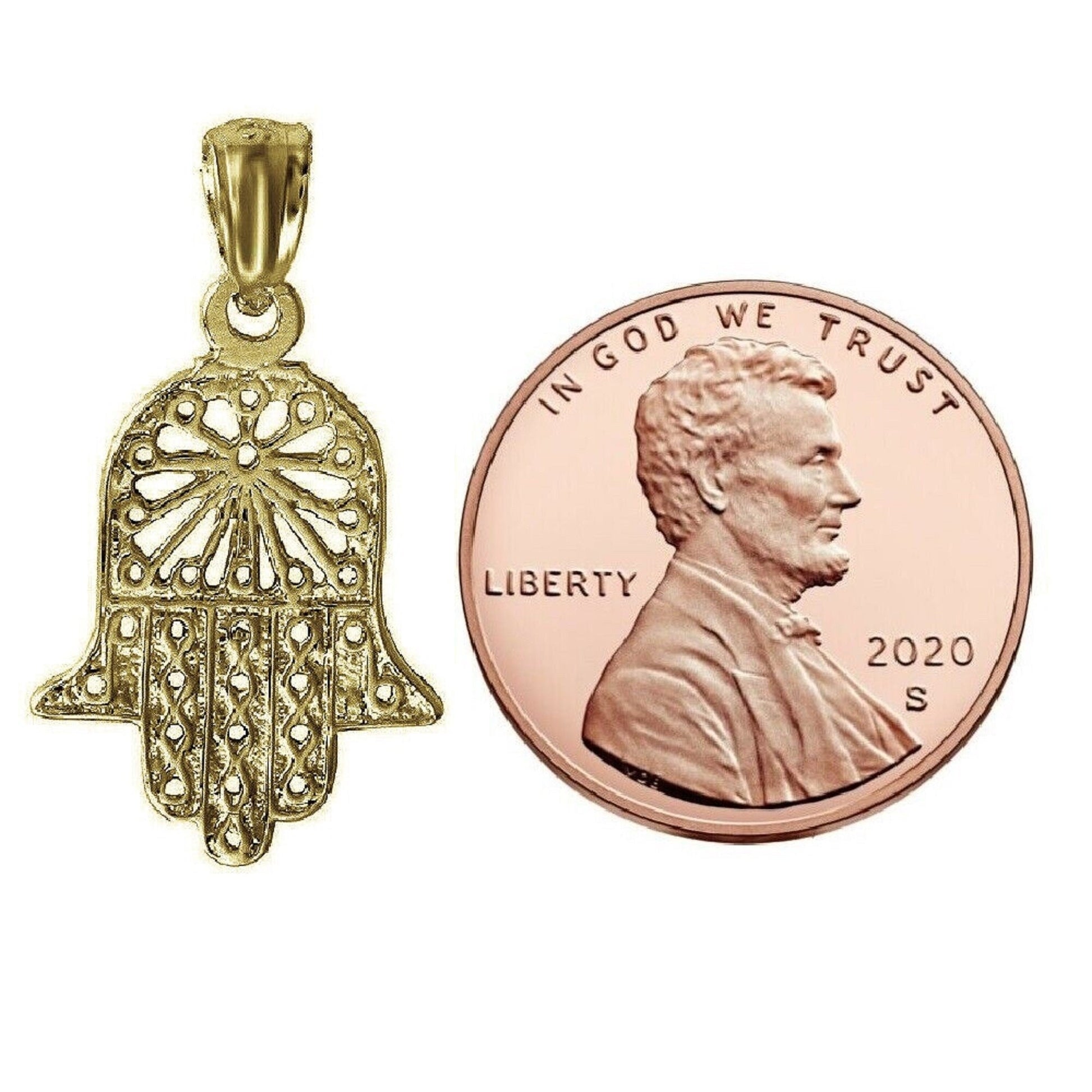 925 Sterling Silver Yellow Gold Plated 1mm Cable Chain Necklace w/ Hamsa Hand Pendant Charm