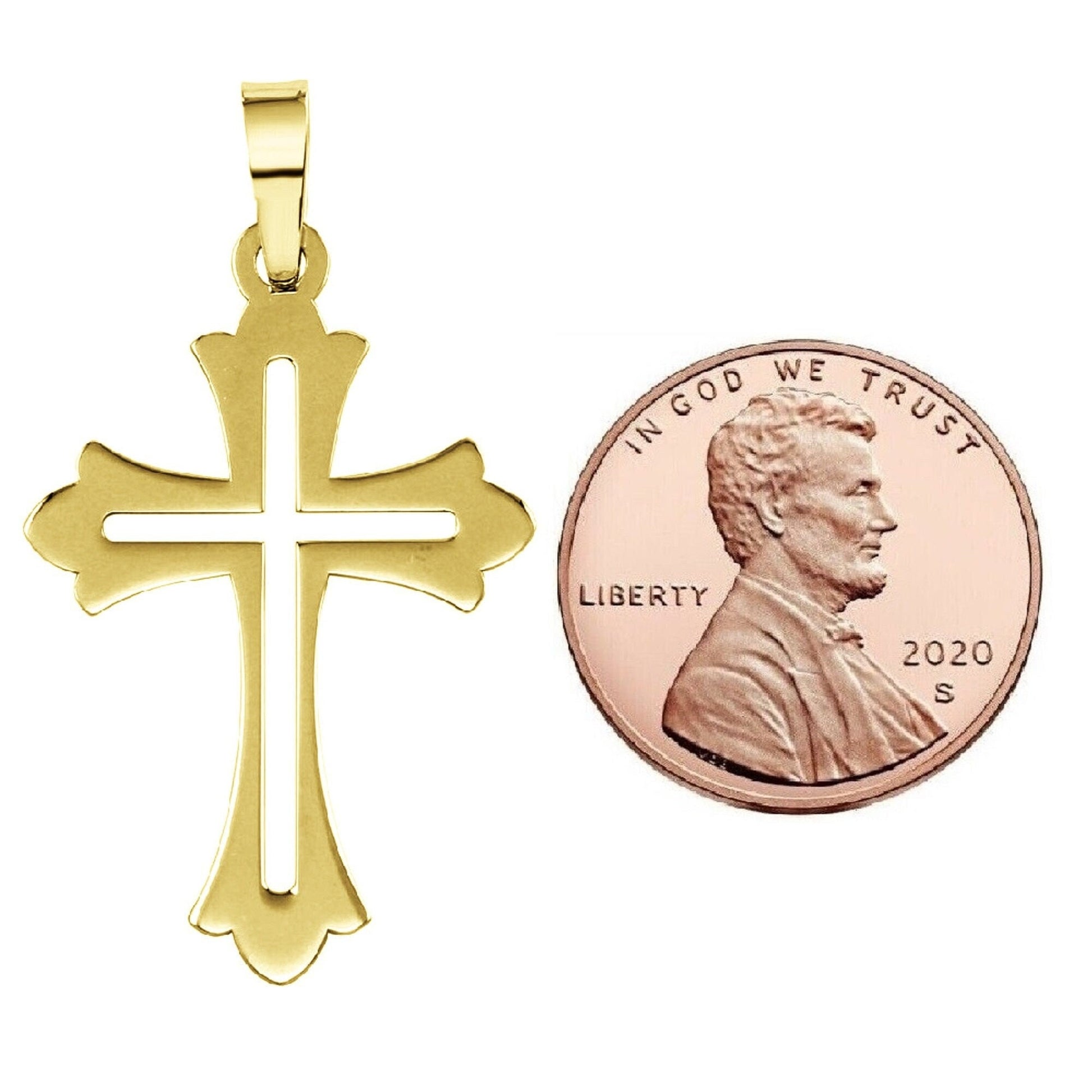 925 Sterling Silver Yellow Gold Plated 1mm Cable Chain Necklace w/ High Polished Cut-out Cross Pendant Charm