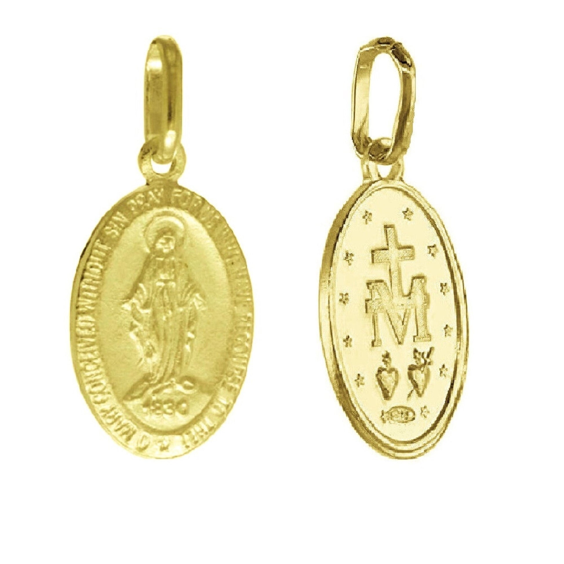 925 Sterling Silver Yellow Gold Plated 1mm Cable Chain Necklace w/ Miraculous Virgin Mary Pendant Charm