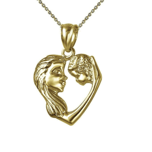 925 Sterling Silver Yellow Gold Plated 1mm Cable Chain Necklace w/ Mother & Baby Child Heart Pendant Charm
