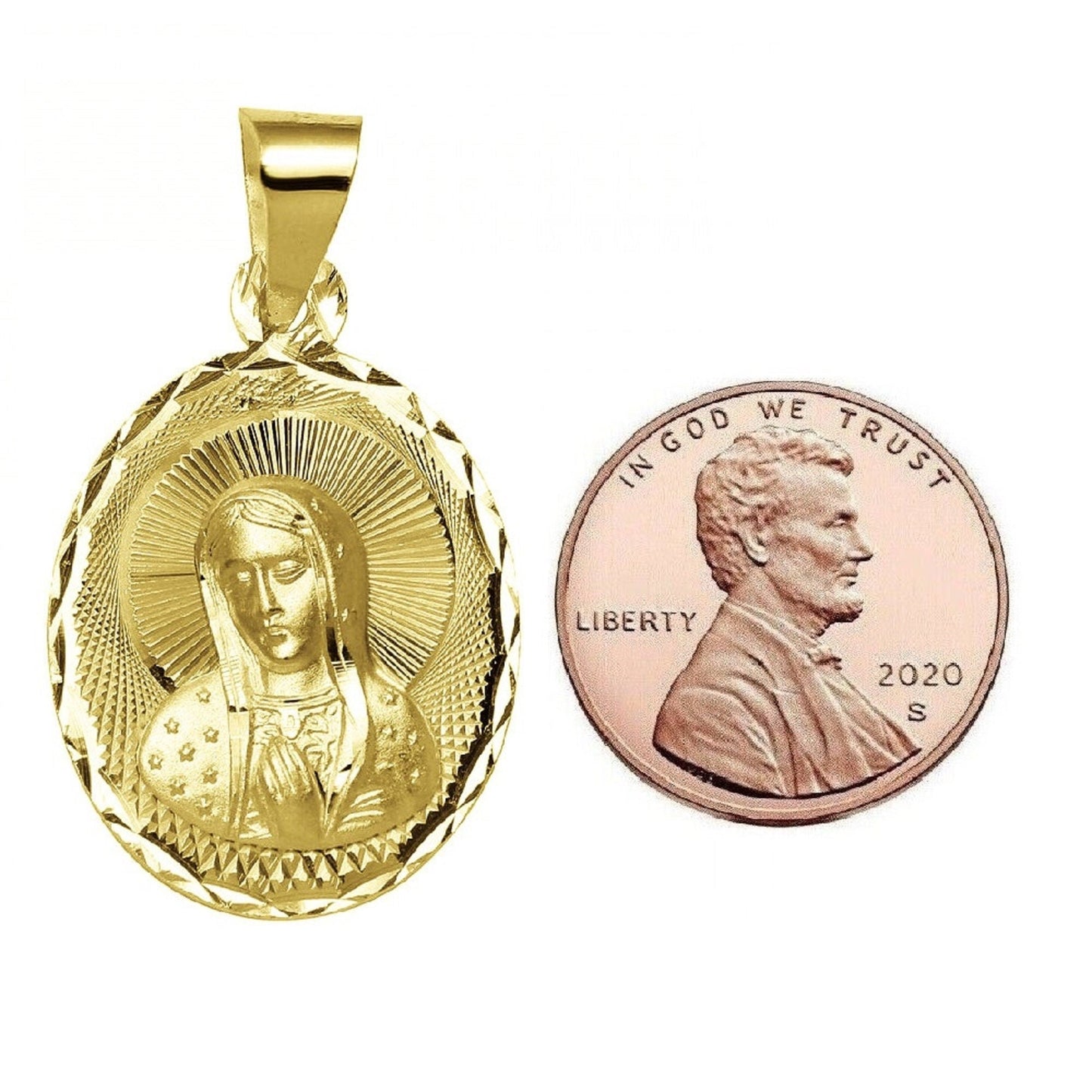925 Sterling Silver Yellow Gold Plated 1mm Cable Chain Necklace w/ Mother Mary Pendant Charm