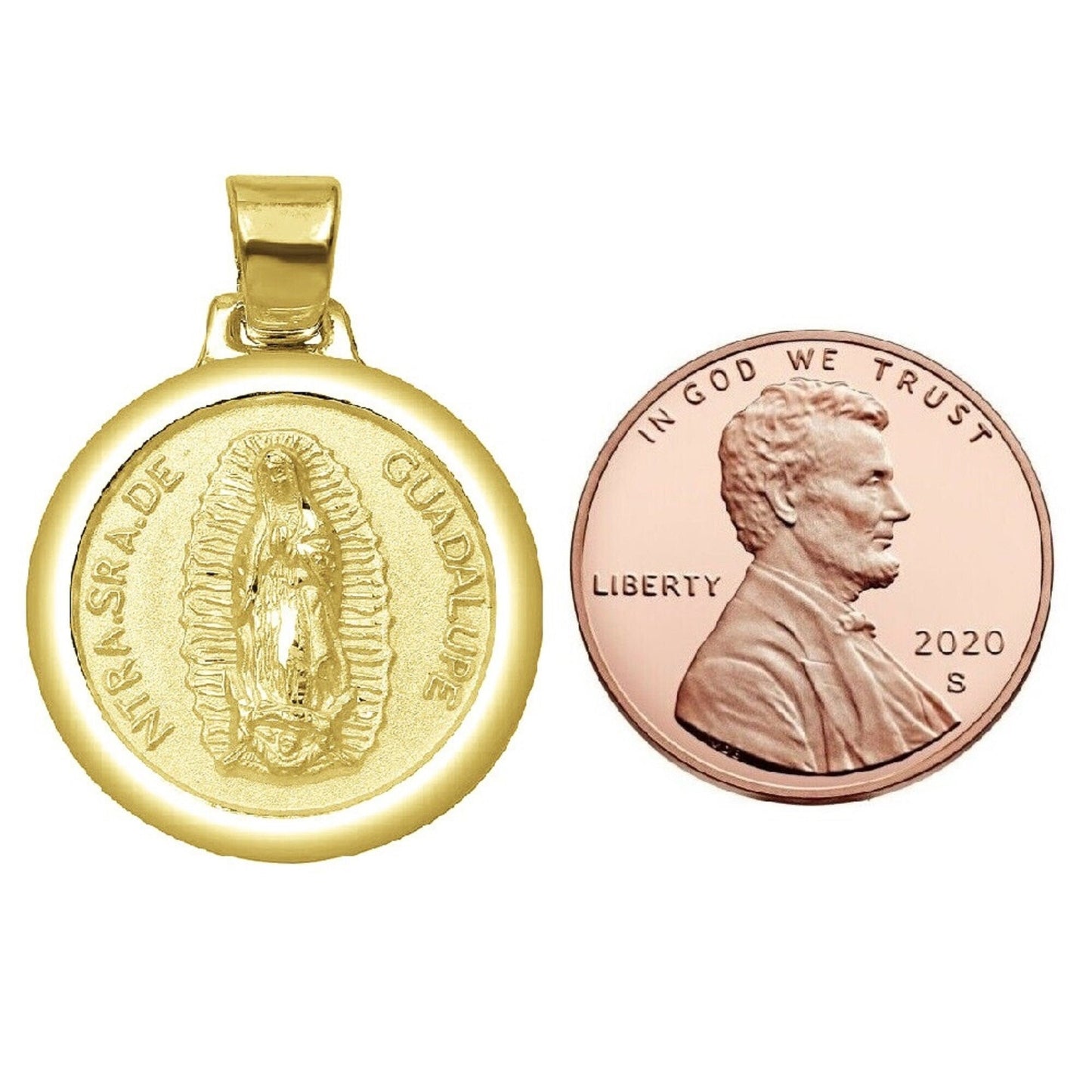 925 Sterling Silver Yellow Gold Plated 1mm Cable Chain Necklace w/ Our Lady of Guadalupe Round-Shaped Pendant Charm