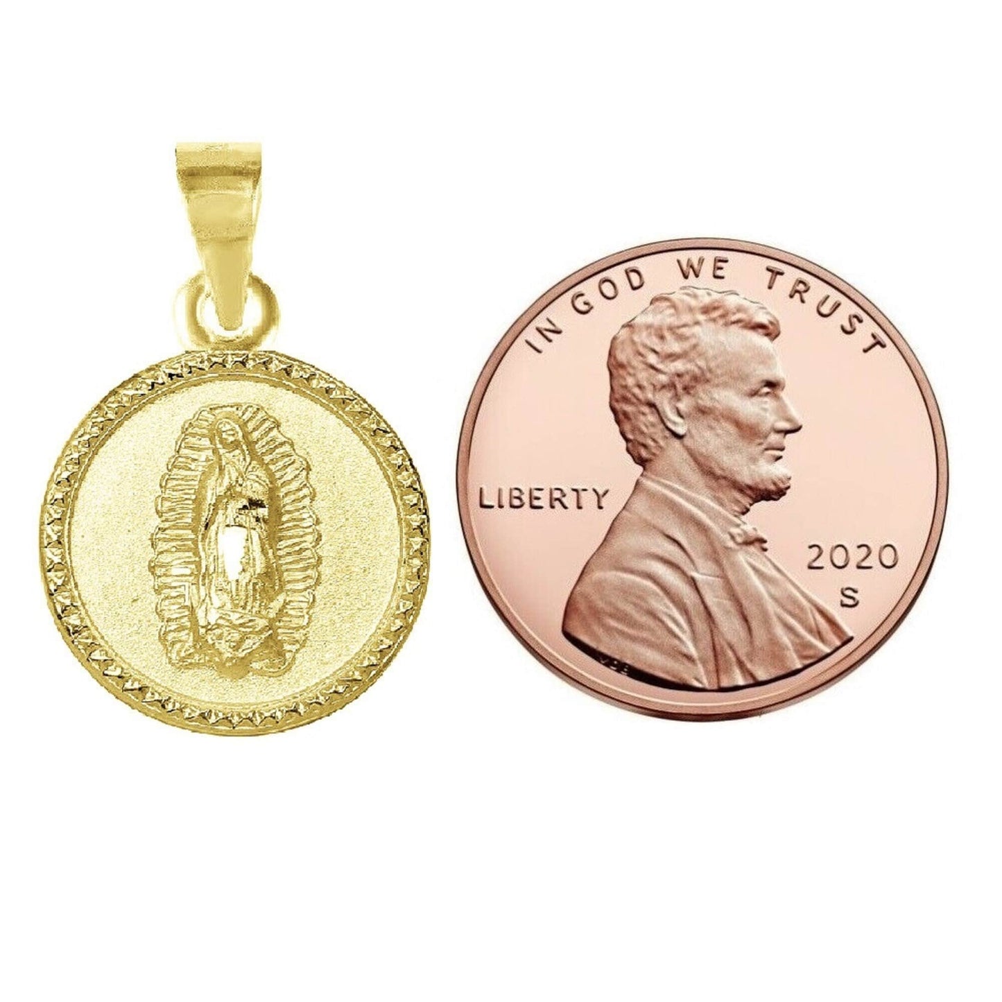 925 Sterling Silver Yellow Gold Plated 1mm Cable Chain Necklace w/ Our Lady of Guadalupe Round-Shaped Pendant Charm