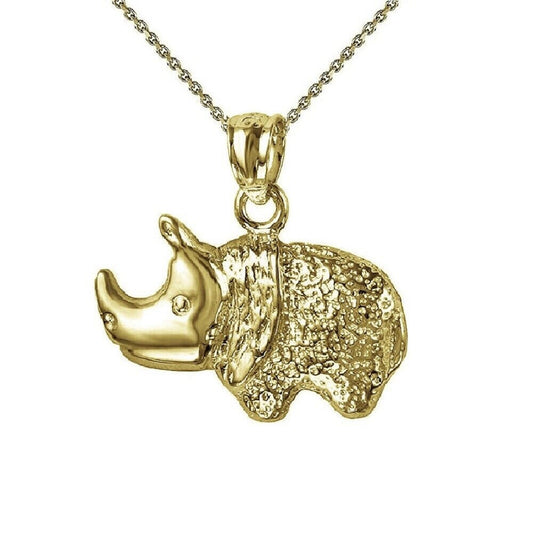 925 Sterling Silver Yellow Gold Plated 1mm Cable Chain Necklace w/ Rhino Rhinoceros Pendant Charm