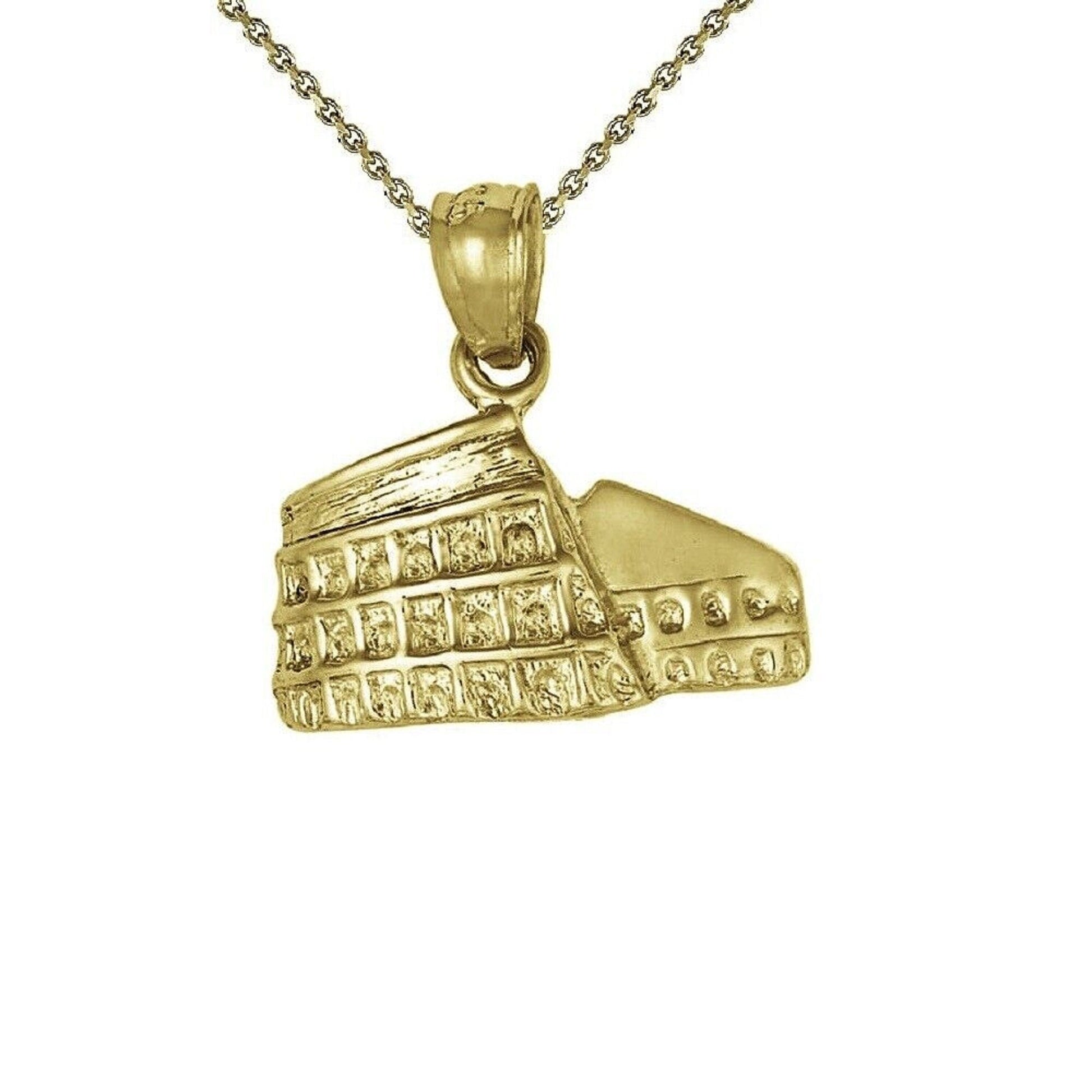 925 Sterling Silver Yellow Gold Plated 1mm Cable Chain Necklace w/ Roman Colosseum Pendant Charm