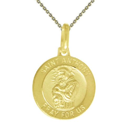 925 Sterling Silver Yellow Gold Plated 1mm Cable Chain Necklace w/ Saint Anthony Pray For Us Pendant Charm