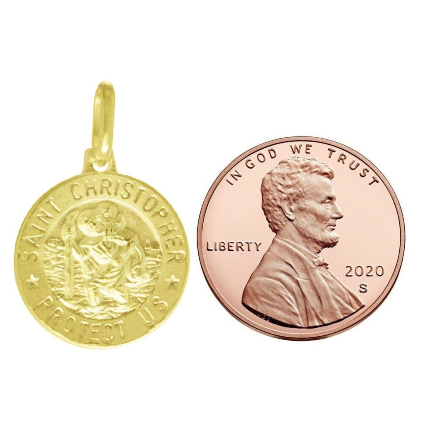 925 Sterling Silver Yellow Gold Plated 1mm Cable Chain Necklace w/ Saint Christopher Protect Us Pendant Charm