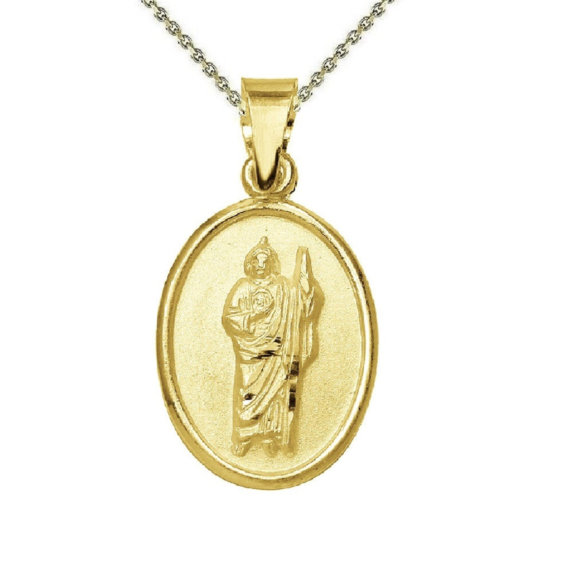 925 Sterling Silver Yellow Gold Plated 1mm Cable Chain Necklace w/ Saint Jude Oval-Shaped Pendant Charm