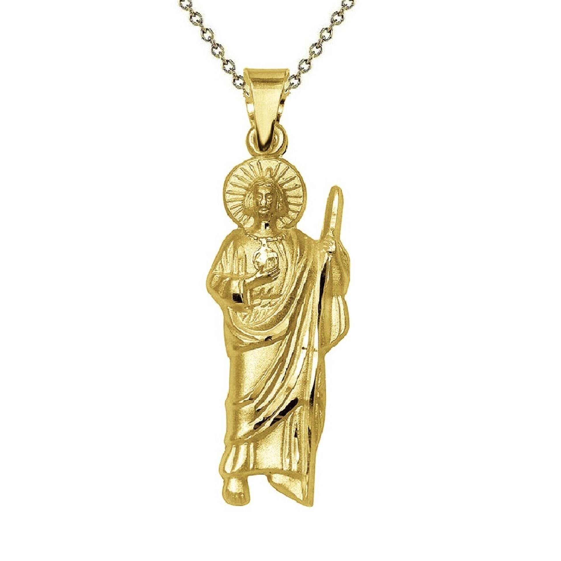 925 Sterling Silver Yellow Gold Plated 1mm Cable Chain Necklace w/ Saint Jude Pendant Charm