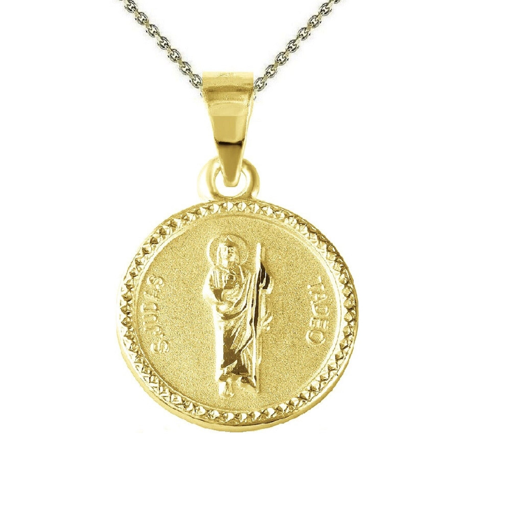925 Sterling Silver Yellow Gold Plated 1mm Cable Chain Necklace w/ Saint Jude Round-Shaped Pendant Charm